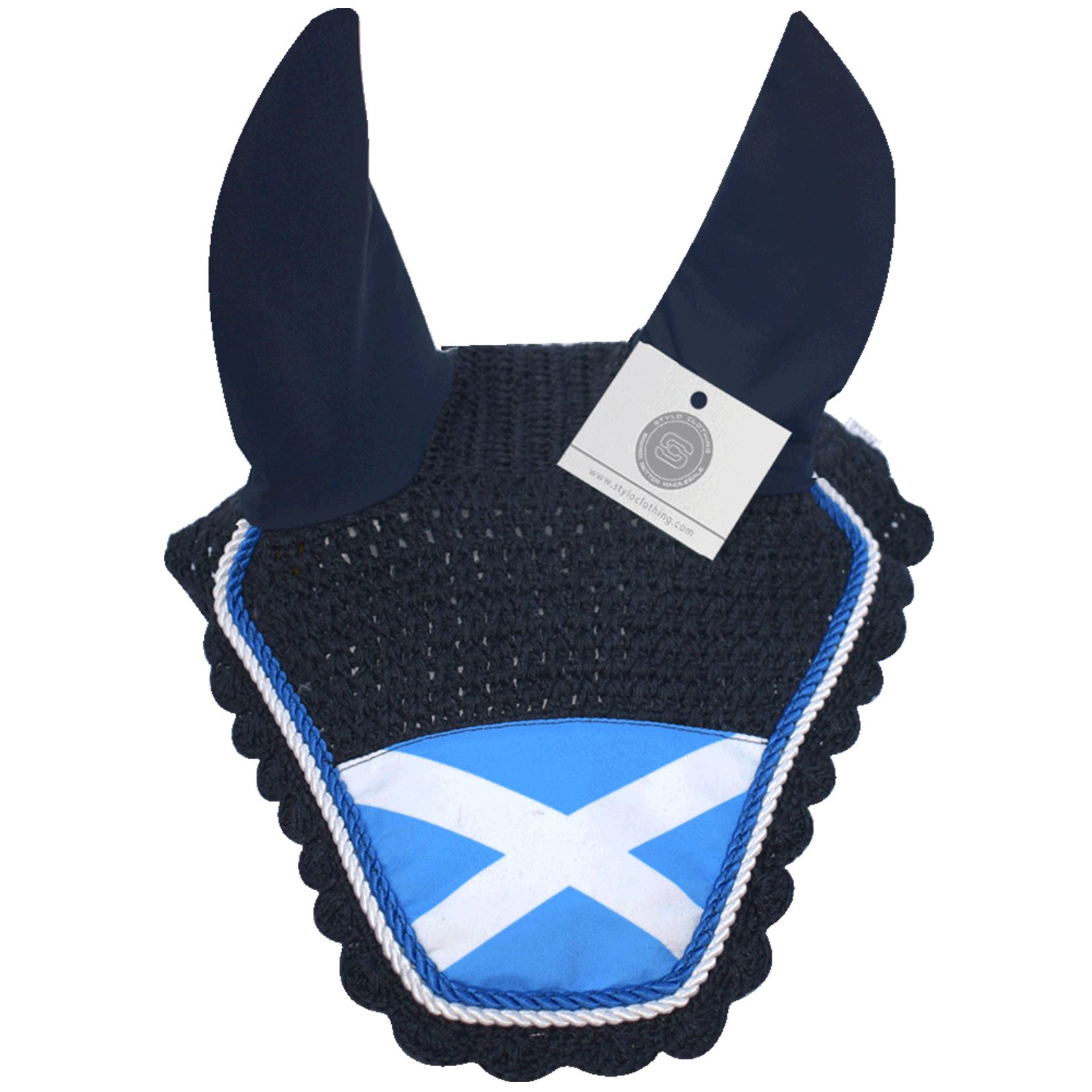 Scotland Flag Ear Bonnet | Hot Selling Country Flag Ear Bonnets – 20+ Designs Scotland flag ear bonnet for horses – stylish fly veil with comfort and protection