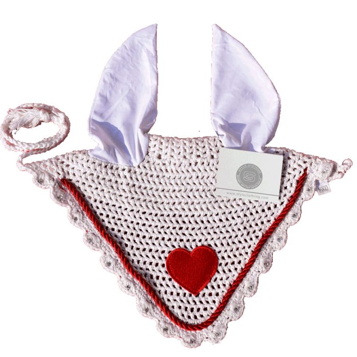 Elegant white valentines ear bonnet designed for horses