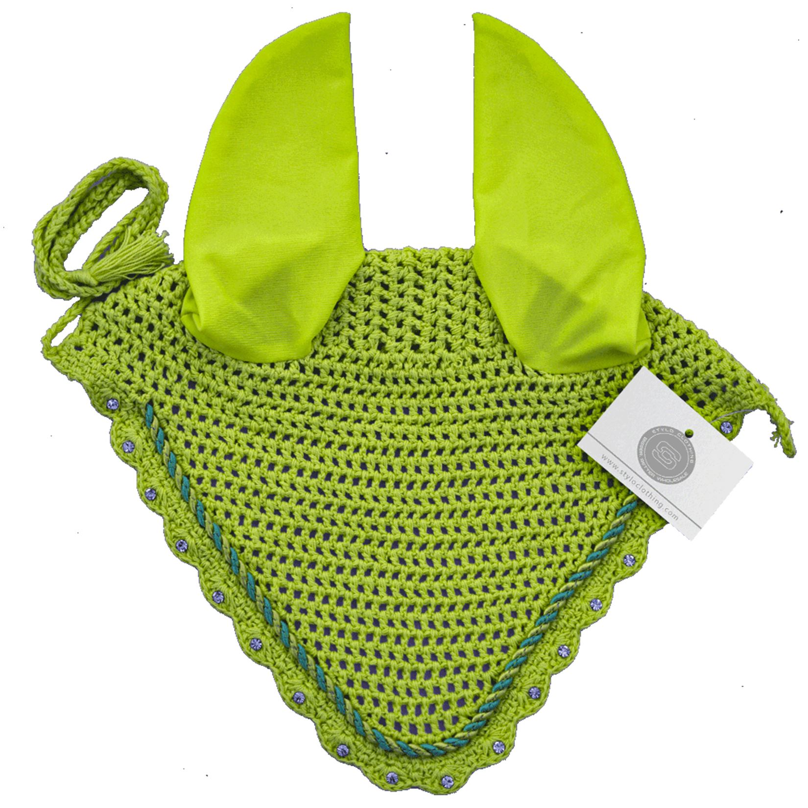 Lime green breathable ear bonnet featuring rhinestones, designed by Stylo Clothing