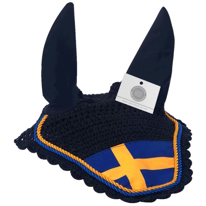 Sweden country flag ear bonnet for horses – premium anti-fly veil for equestrians