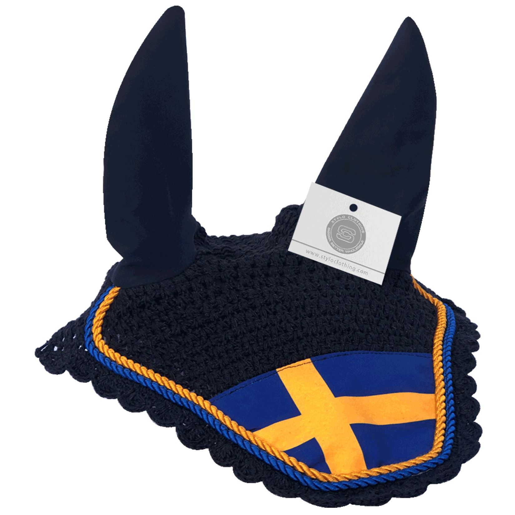 Sweden Flag Ear Bonnet | Hot Selling Country Flag Ear Bonnets – 20+ Designs Sweden country flag ear bonnet for horses – premium anti-fly veil for equestrians