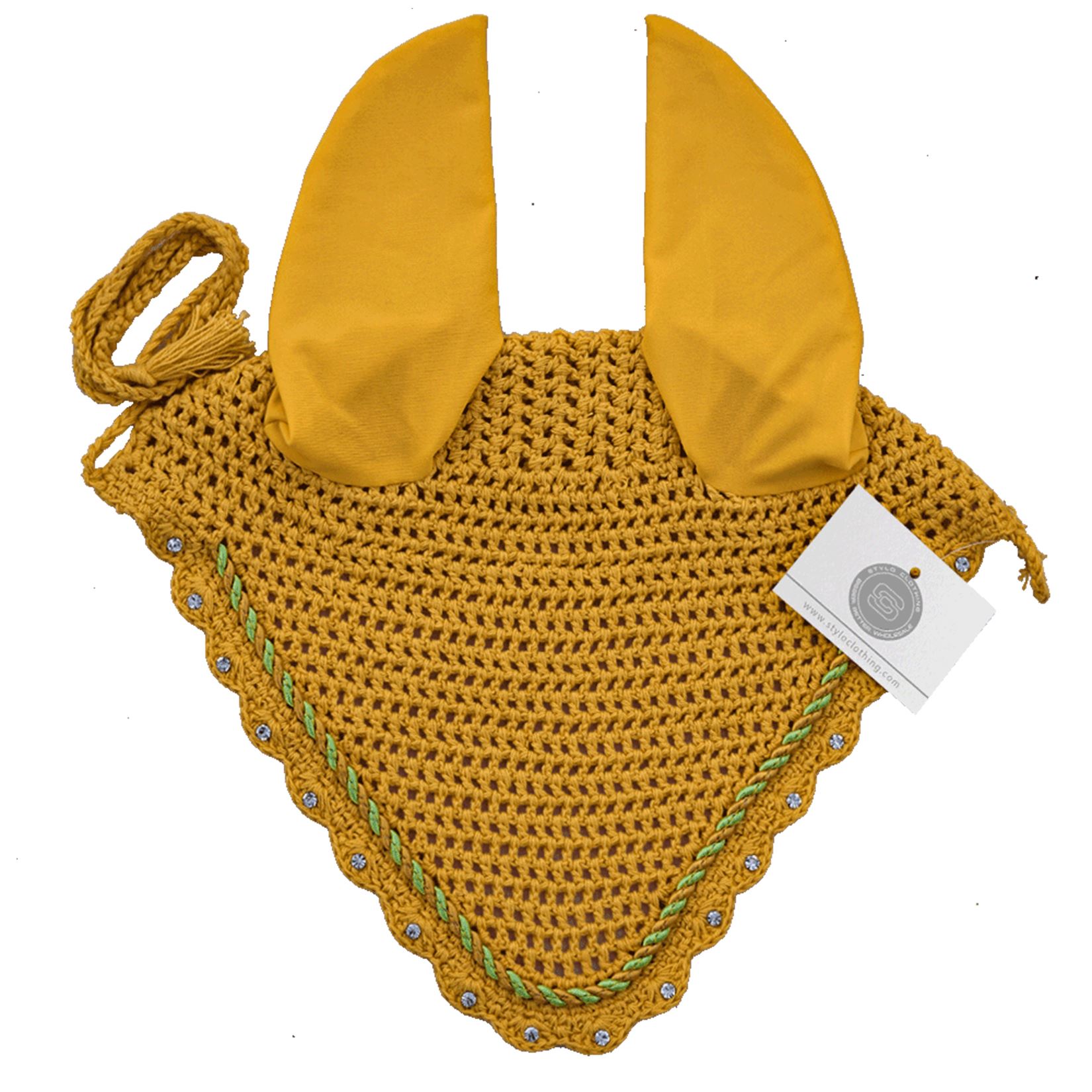 Marigold breathable ear bonnet embellished with rhinestones by Stylo Clothing