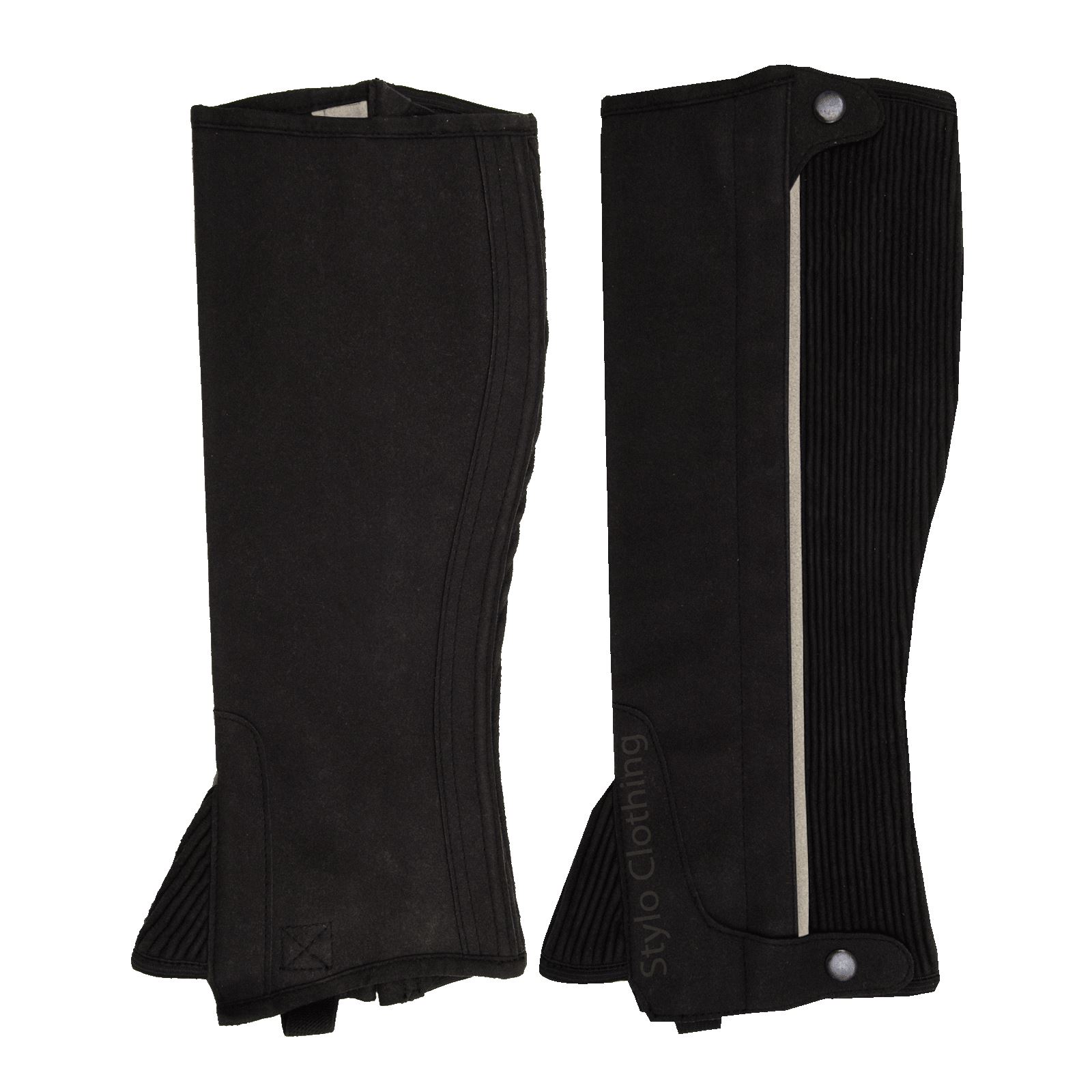 Durable and protective half chaps for horse training, Amara material with zipper for secure fit, available at Stylo Clothing