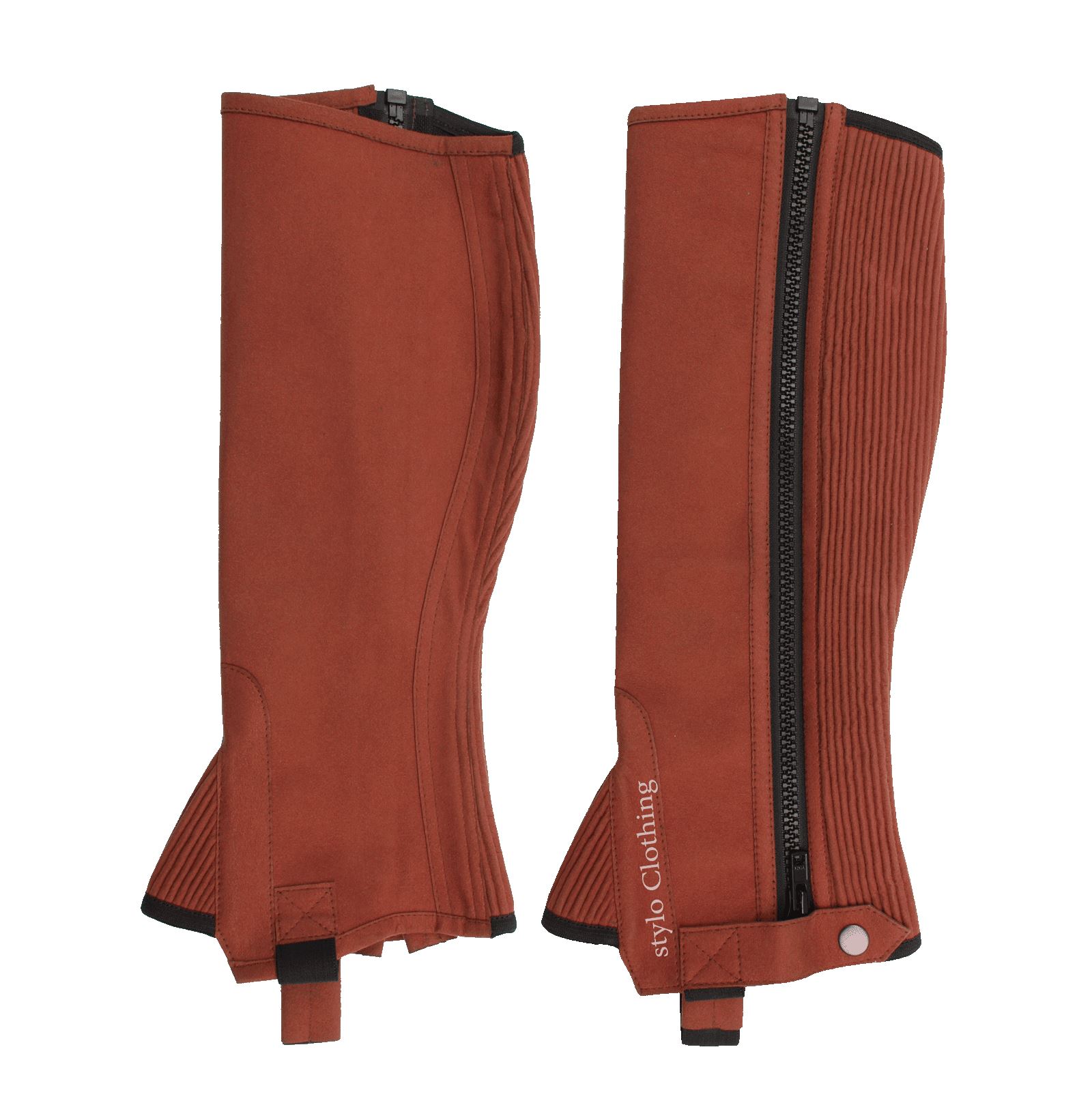 Customized-Amara-Half-Chaps-leg-protection-of-equestrian-rider-care "High-quality leather half chap with secure zipper and anti-slip button, perfect for equestrian use, by Stylo Clothing"