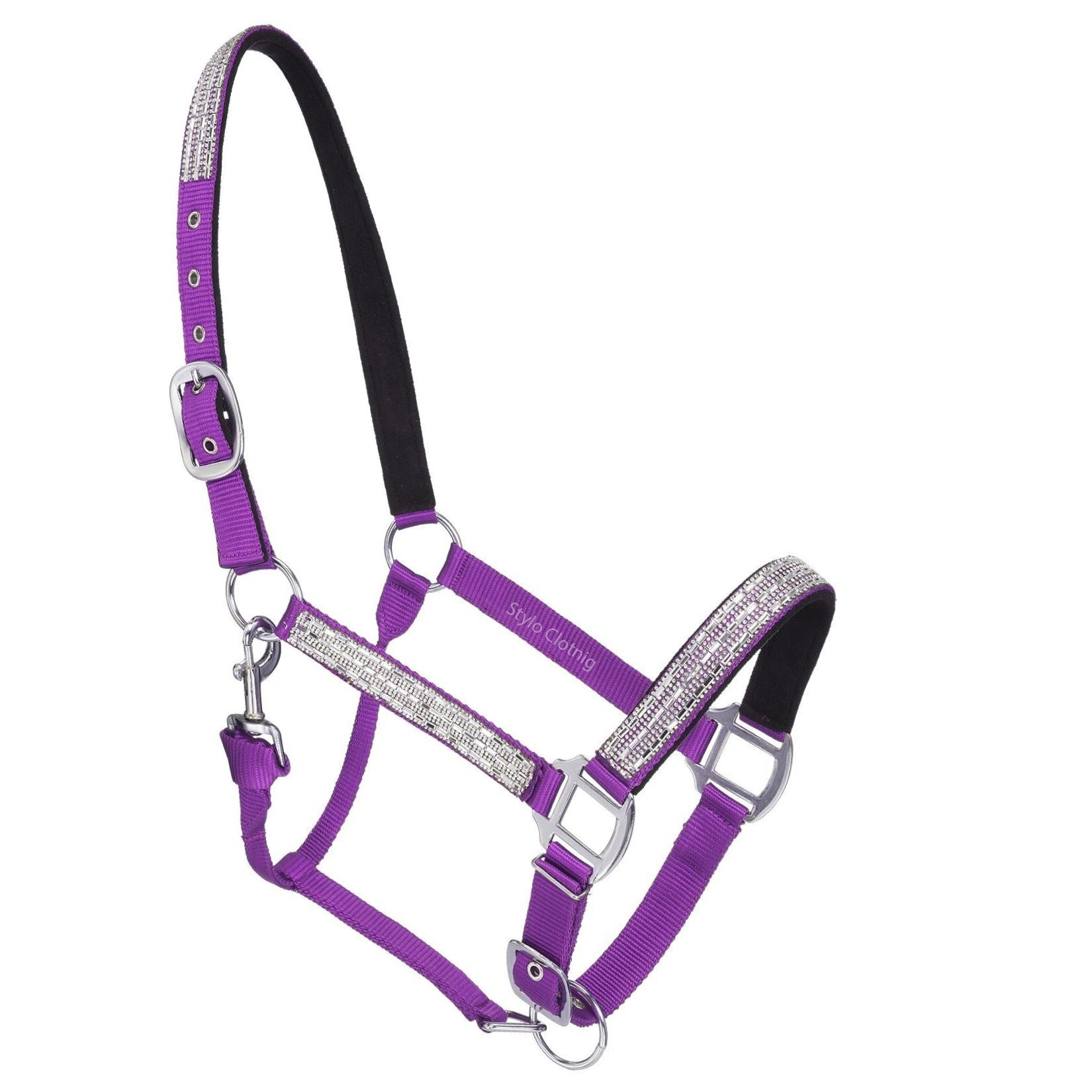High-end horse show halter adorned with dazzling crystals, designed for luxury and durability in competitive equestrian events.