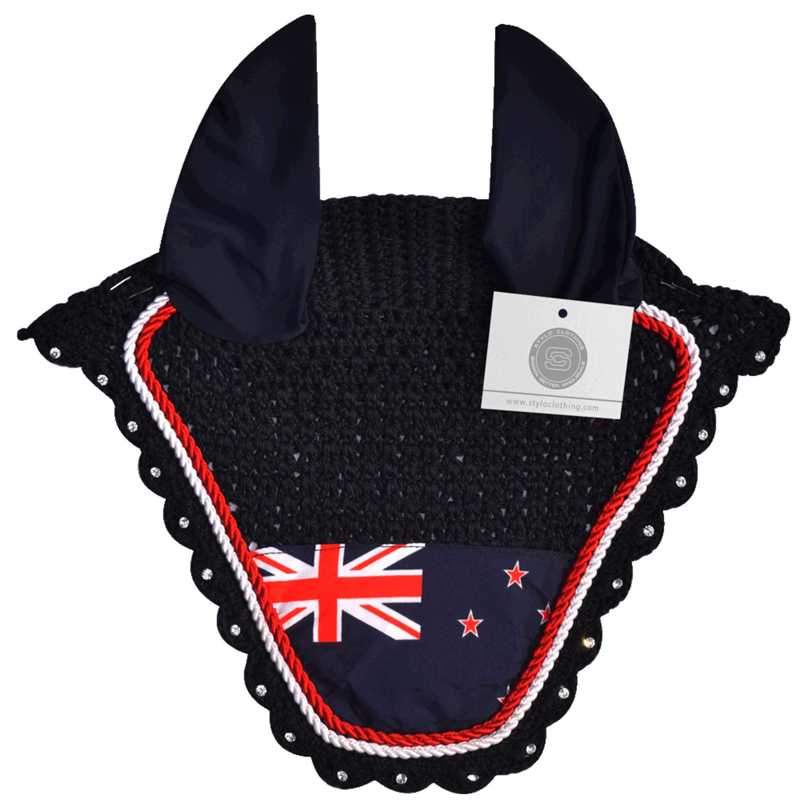 Australia Flag Ear Bonnets | Dazzling Rhinestone Country Flag Ear Bonnets - 100+ Designs Australian flag ear bonnet with rhinestones – elegant fly protection for horses
