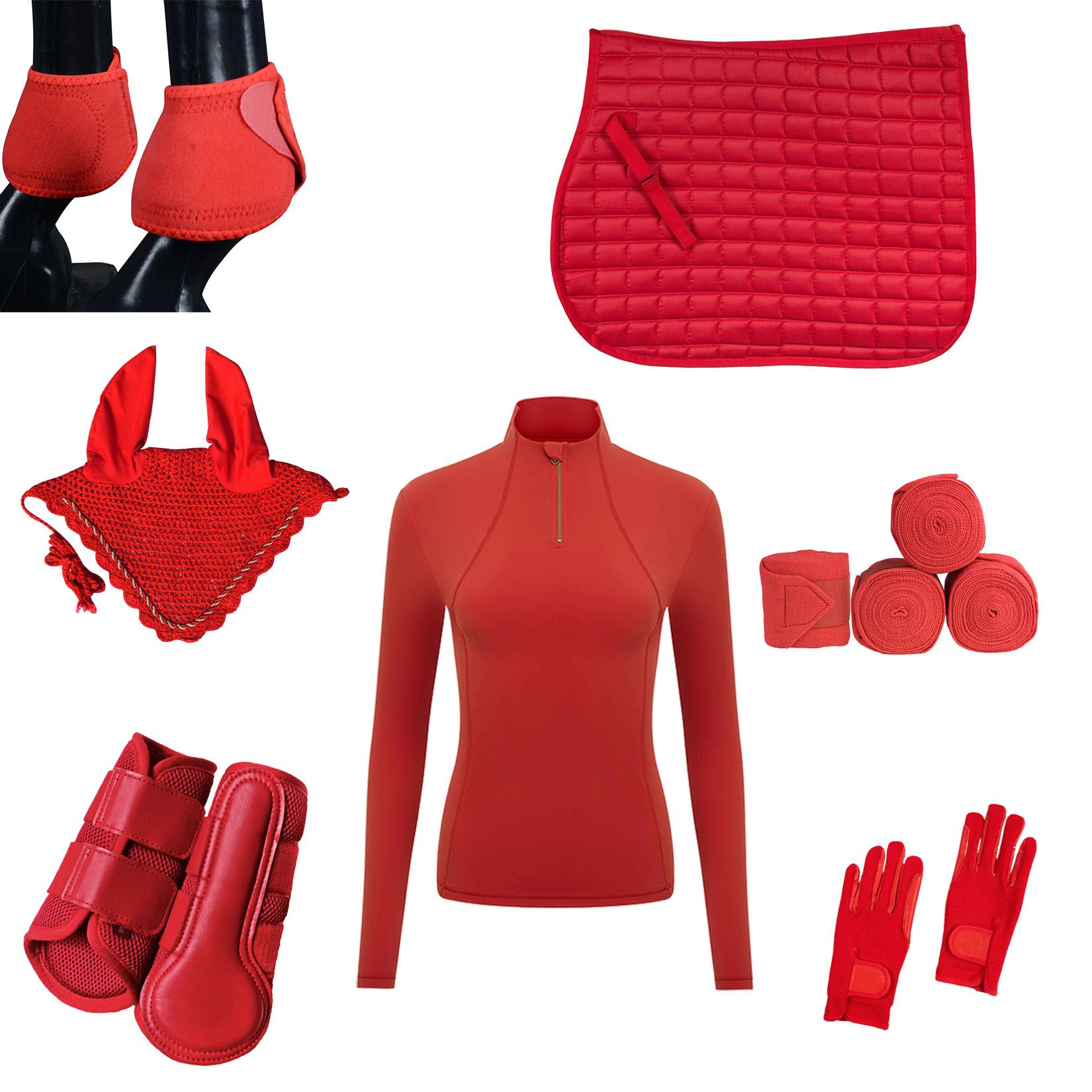 High-quality-red-matching-set-of-saddle-pad,-bandage,-gloves,-boots,-and-full-sleeve-rider-shirt-equestrian-horse-riding Wholesale Customized Horse Matching Sets, 7 Items for a Stylish and Coordinated Look - matching-set-of-saddle-pad,-bandage,-gloves,-boots,-and-full-sleeve-shirt-equestrian-horse-riding.