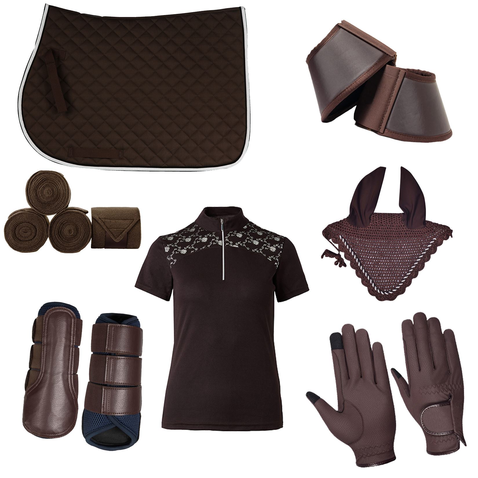 Leather-matching-set-of-all-purpose-horse-brushing-boots -saddle -pad-bandage-gloves -and-short-sleeves-shirt Durable Customized Horse Matching Sets in Wholesale, 7 Pieces for Complete Horse Gear