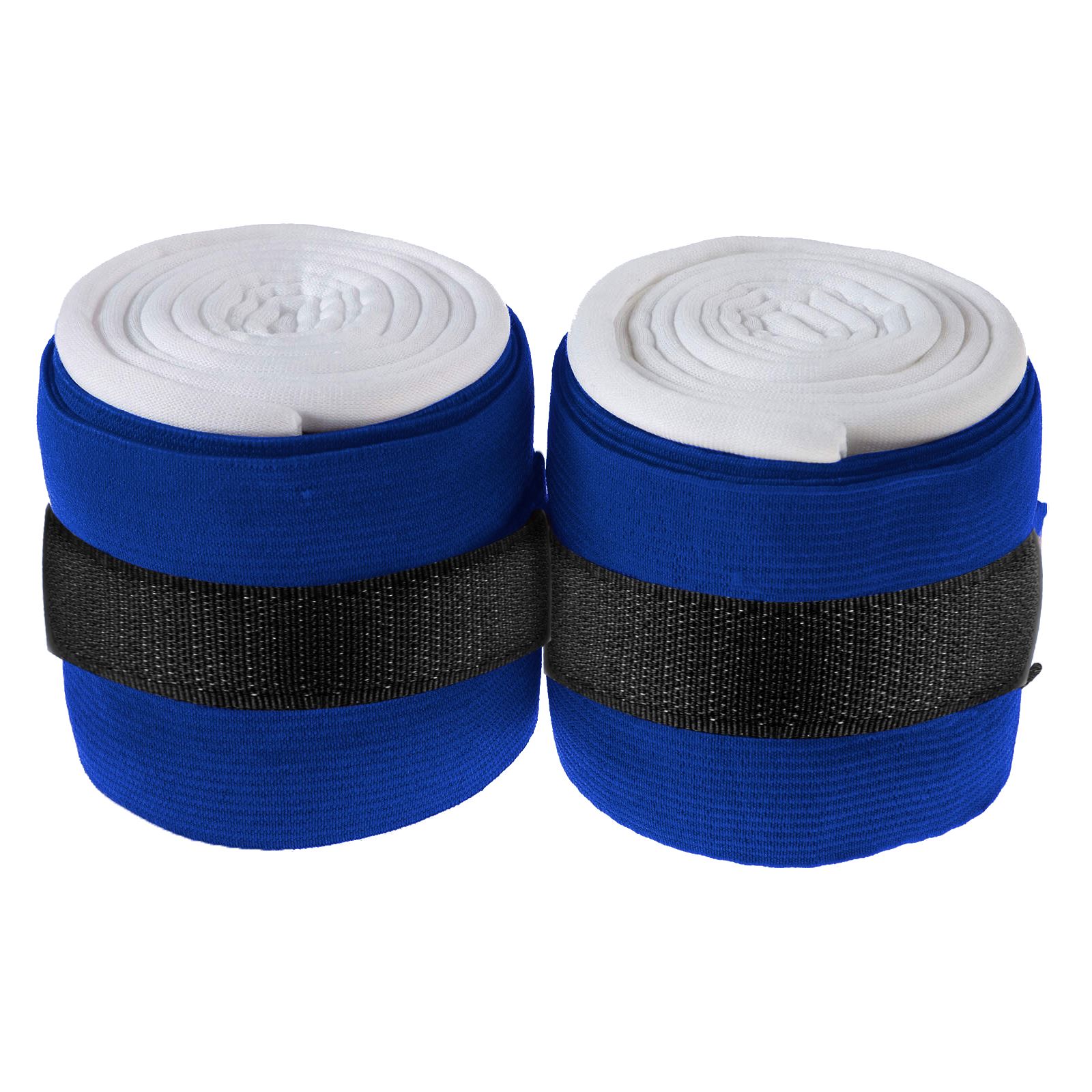 Royal blue trendy horse bandages wrapped around a horse’s legs, ensuring firm support.