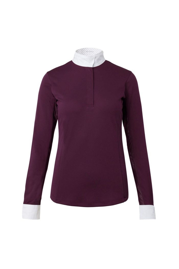 Durable long sleeve women training shirt featuring white collar and cuffs designed for equestrian style from Stylo Clothing