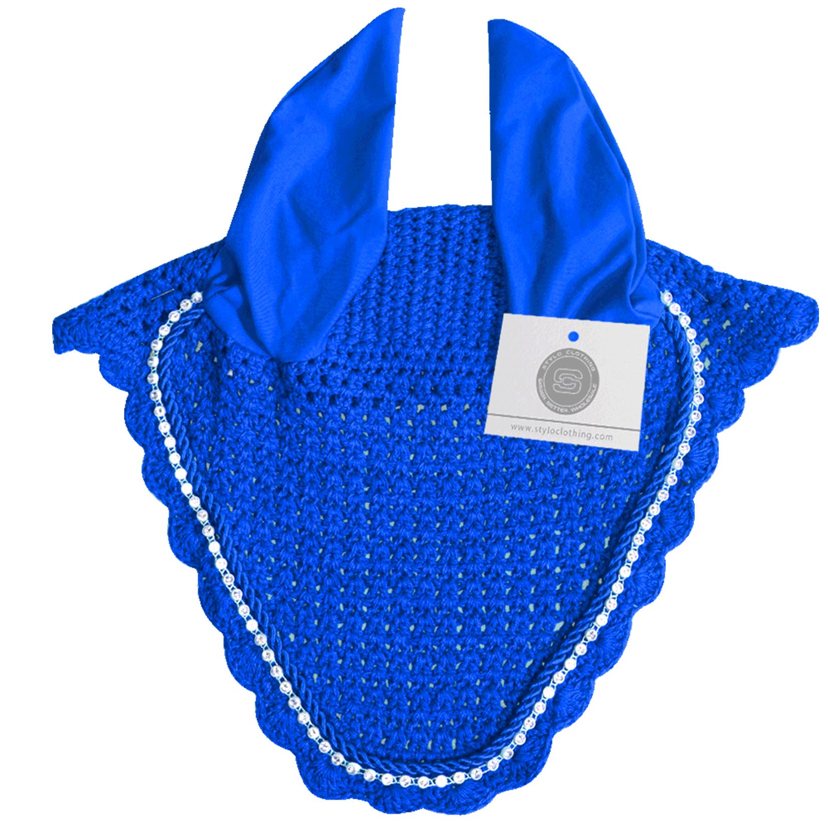 Royal blue horse ear covers featuring rhinestone embellishments for a chic look