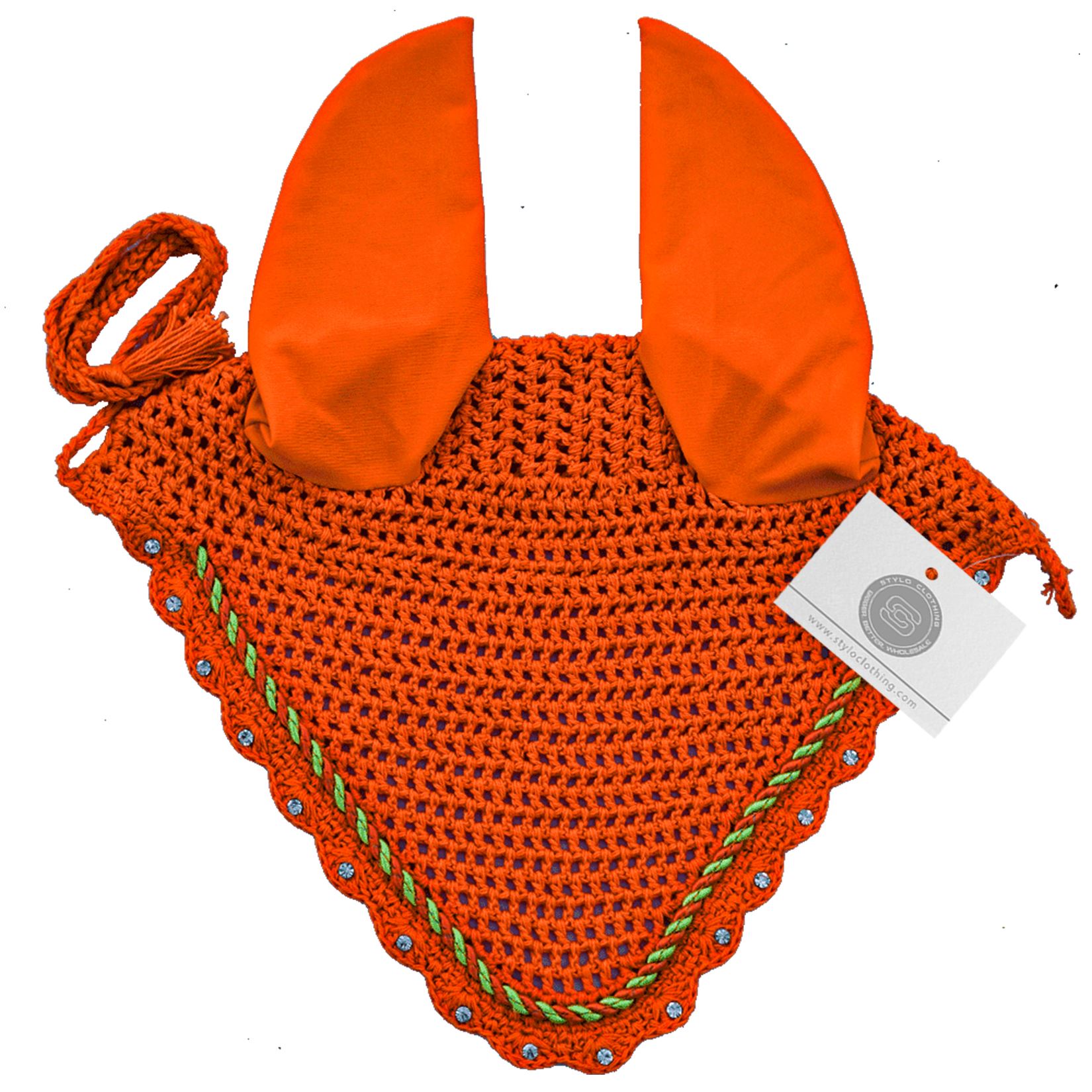 Stylish horse fly veil ear bonnet with rhinestones, offering comfort and protection during rides