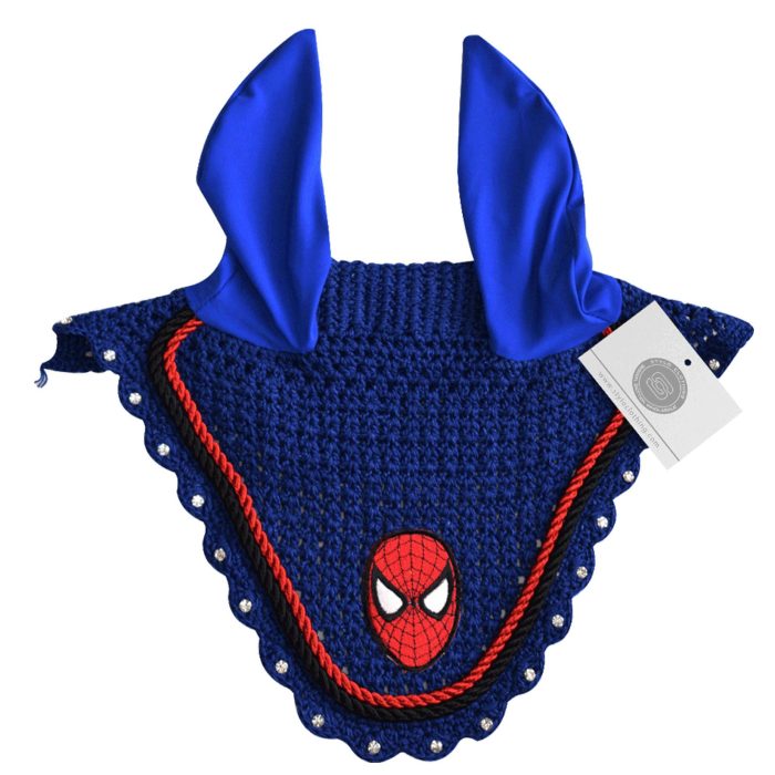 Blue ear bonnet with a red superhero logo, offering stylish fly protection for horses.