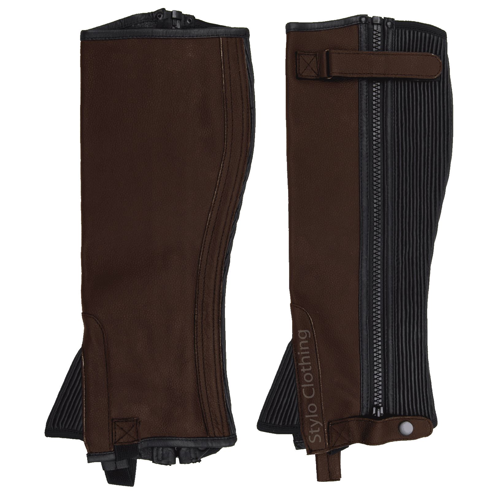 "Top-rated leather half chap with zipper and non-slip button for secure fit, bulk orders available at Stylo Clothing"