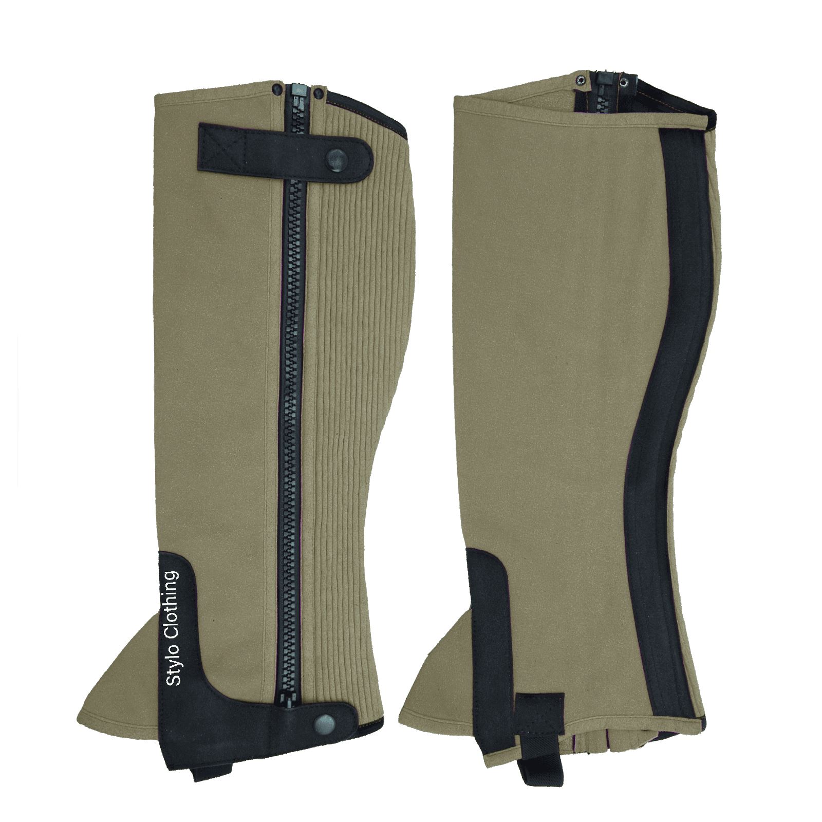 Top-selling-horse-riding-half-chap-Amara-suede-equestrian-wear "Premium Amara suede half chaps with zipper, non-slip and adjustable for secure rider wear, by Stylo Clothing"
