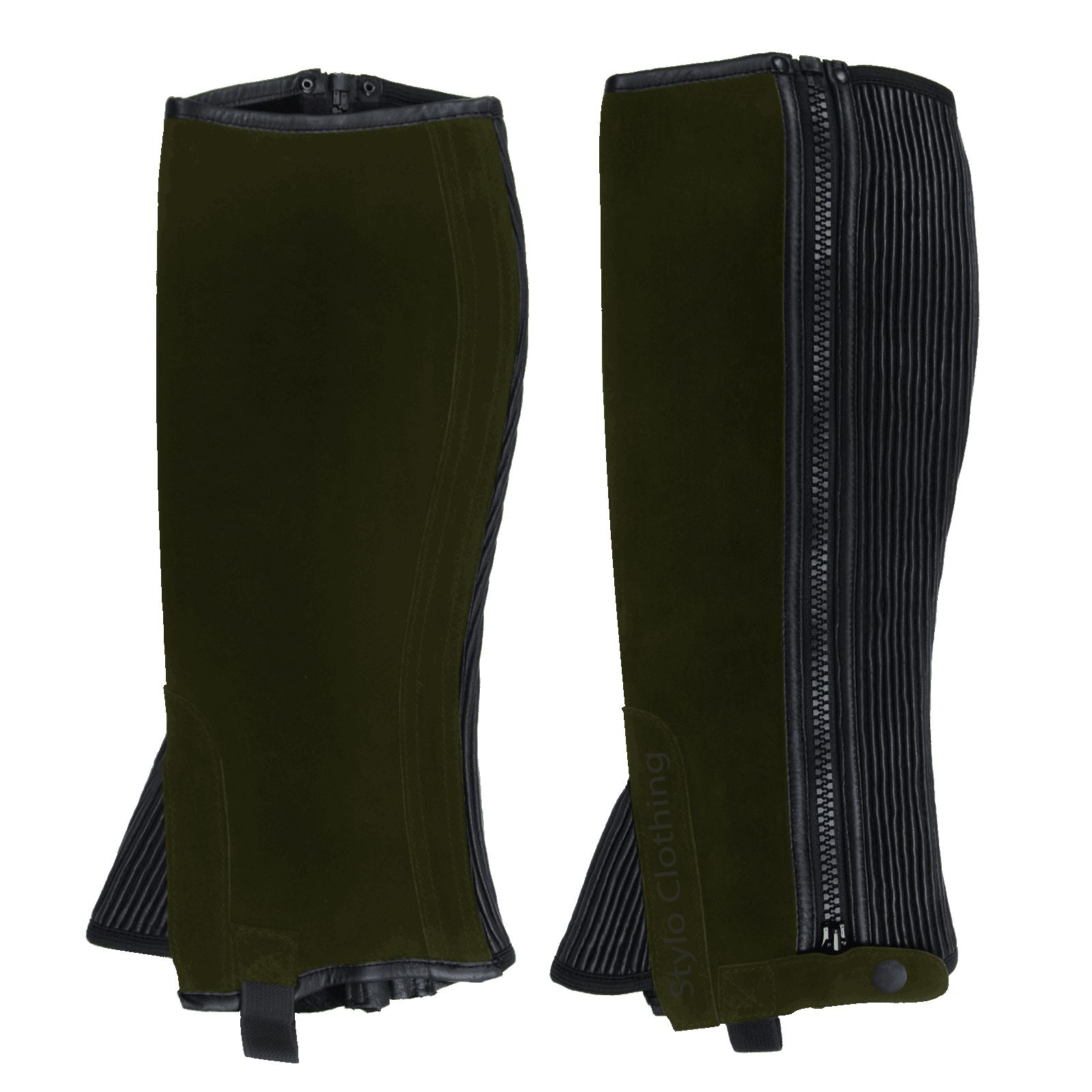 "High-quality Nubuck half chaps with faux leather, ideal for equestrian use, available for bulk orders at Stylo Clothing"