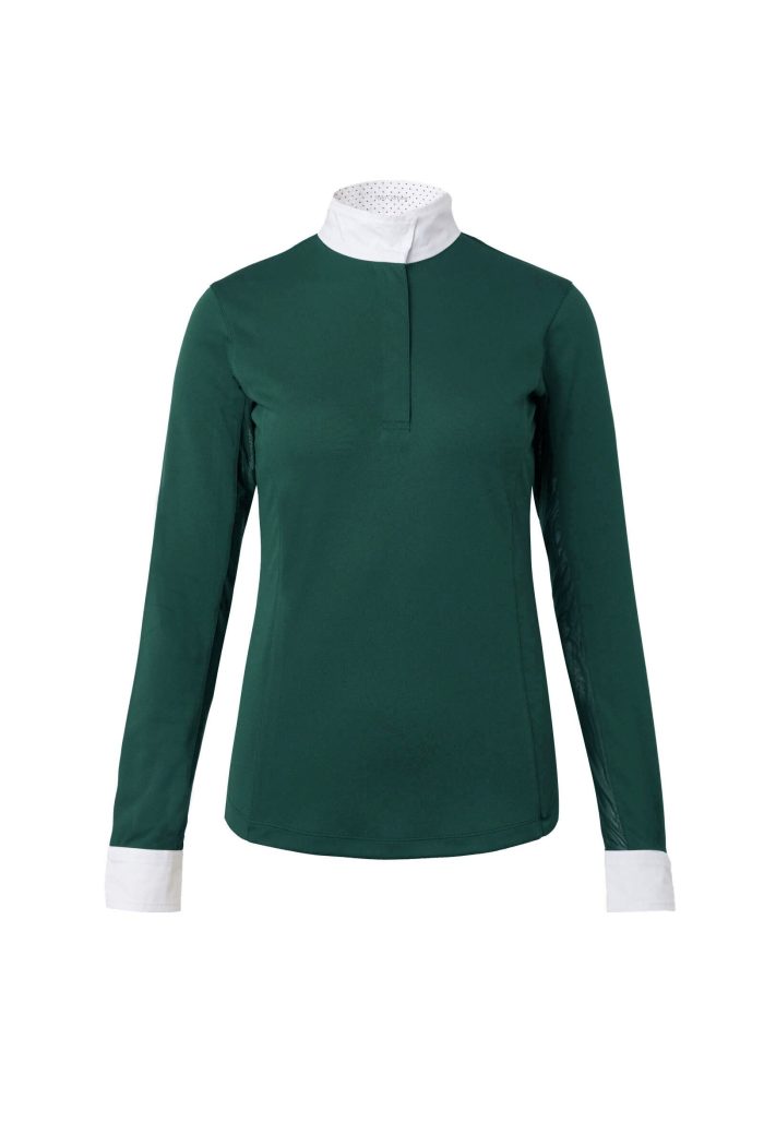 Stylish long sleeve training shirt with white collar and cuffs for women offering comfort and style for equestrian training