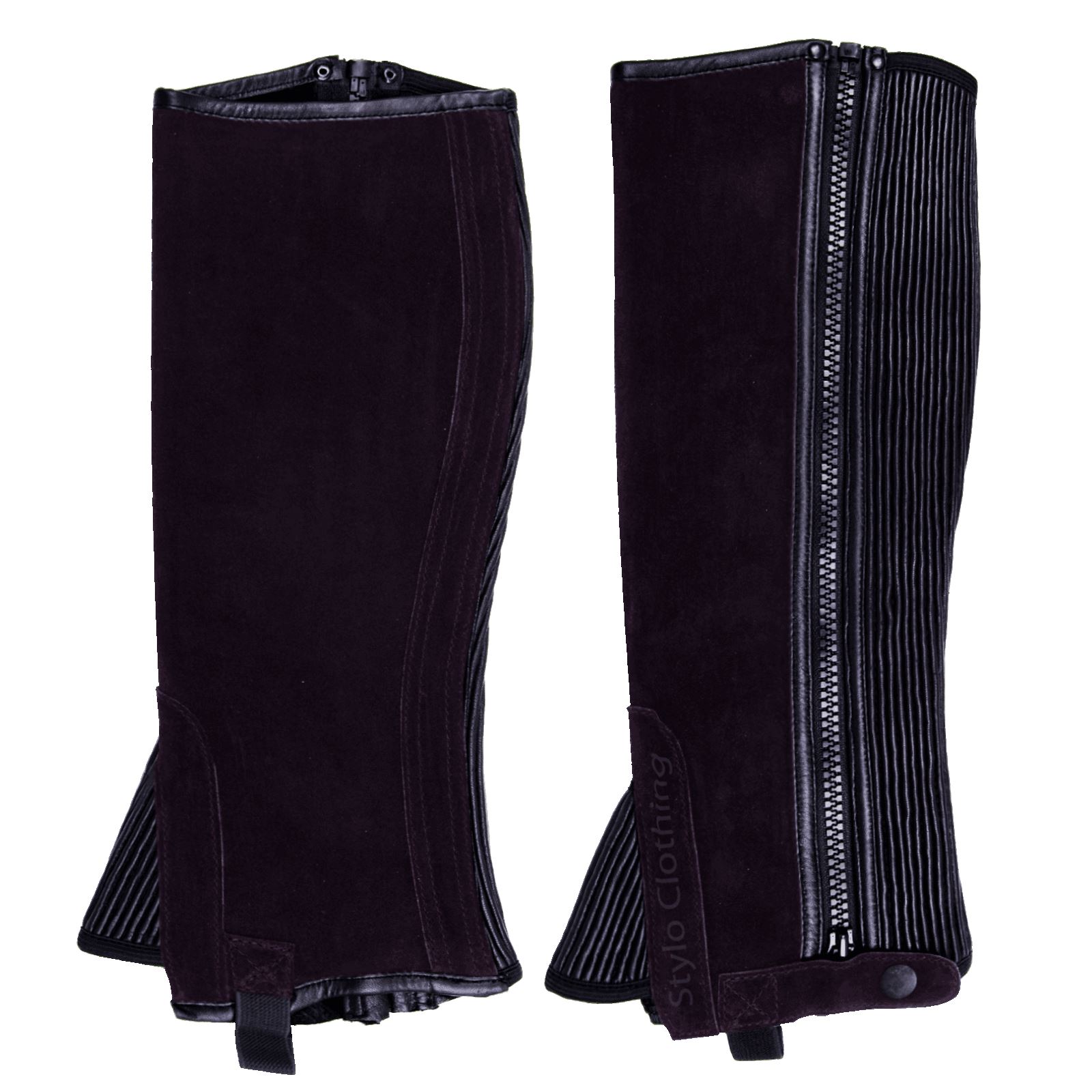 "Exclusive lightweight Amara suede half chaps with zipper and button, top 10 training rider wear by Stylo Clothing"