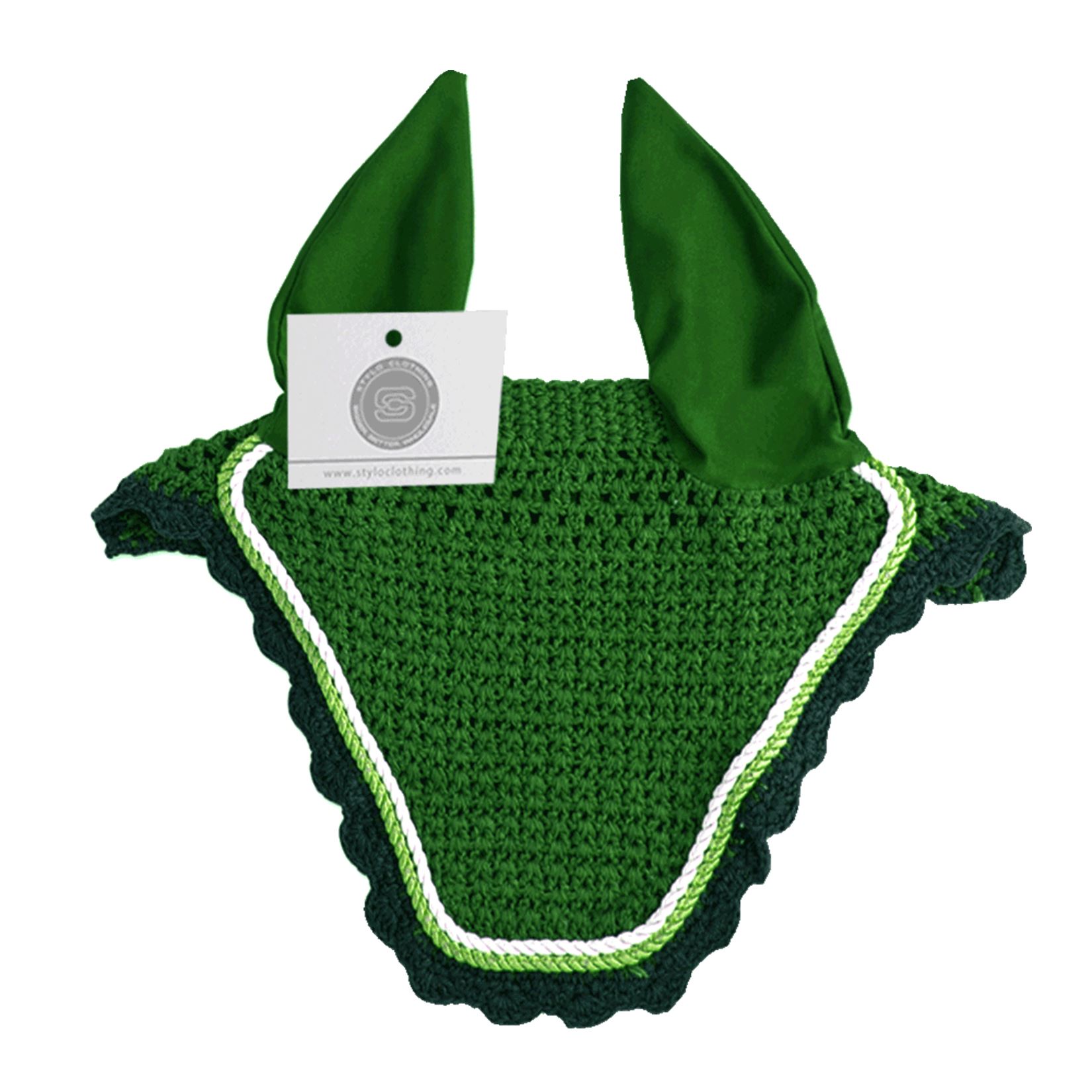 Bright green horse ear bonnet with a double-tone design, designed for comfort and insect protection.