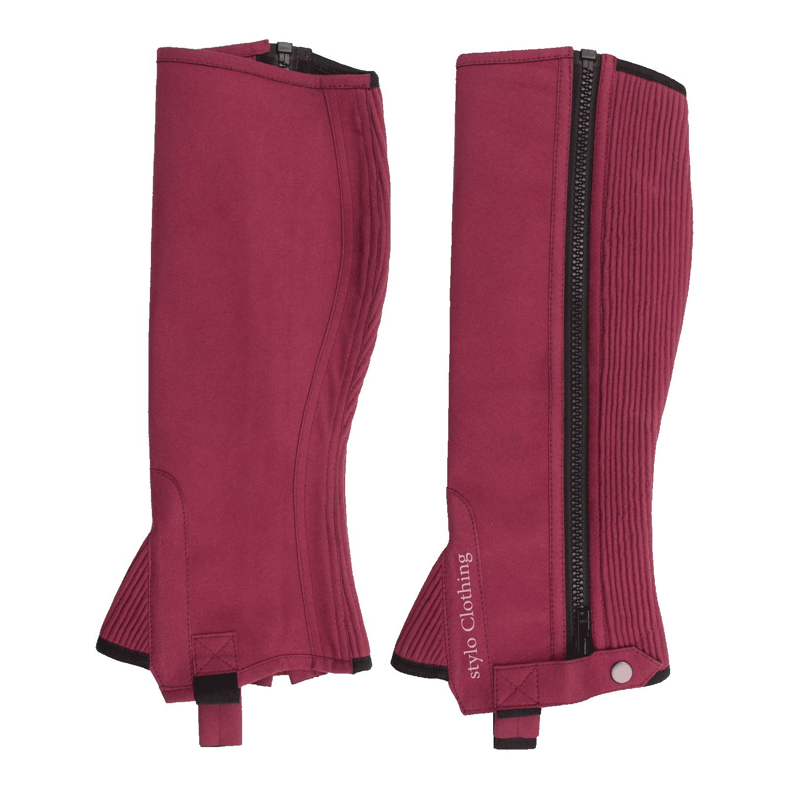 Top-quality-Amara-half-chaps-non-slip-adjustable-button-horse-riders-gear "Top-rated leather half chap with zipper and non-slip button for secure fit, bulk orders available at Stylo Clothing"