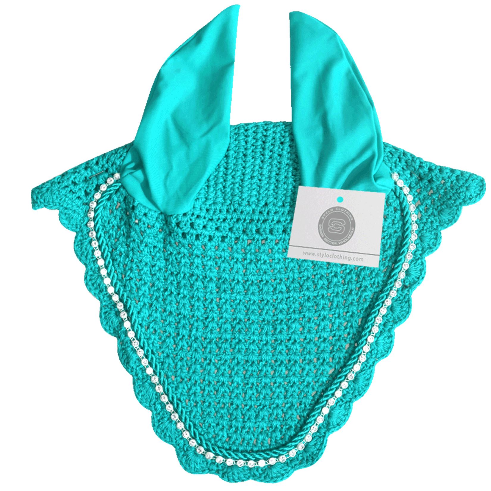 Eye-Catching Aqua Marine Horse Ear Covers | 100+ Rhinestone Designs Aqua marine horse ear covers with rhinestones for a fresh and vibrant look