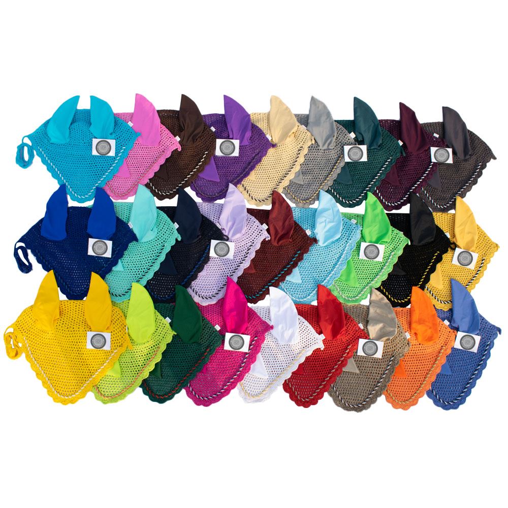 Custom-made adjustable ear bonnets for horses with crystals and string, perfect for equestrian wear