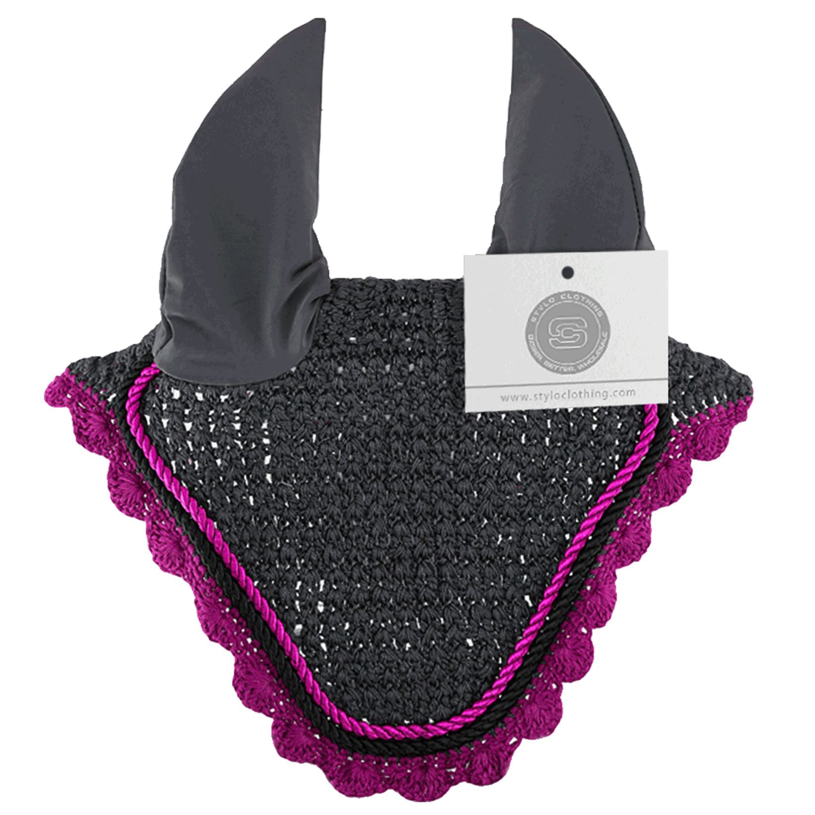 Grey and pink horse ear bonnet with a stylish double-tone design for comfort and protection.