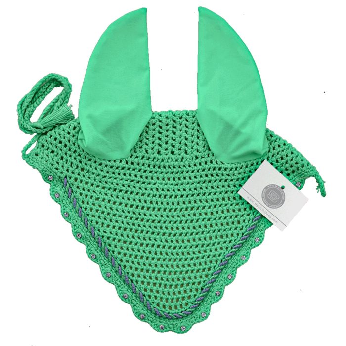 Teal breathable ear bonnet with rhinestone embellishments from Stylo Clothing