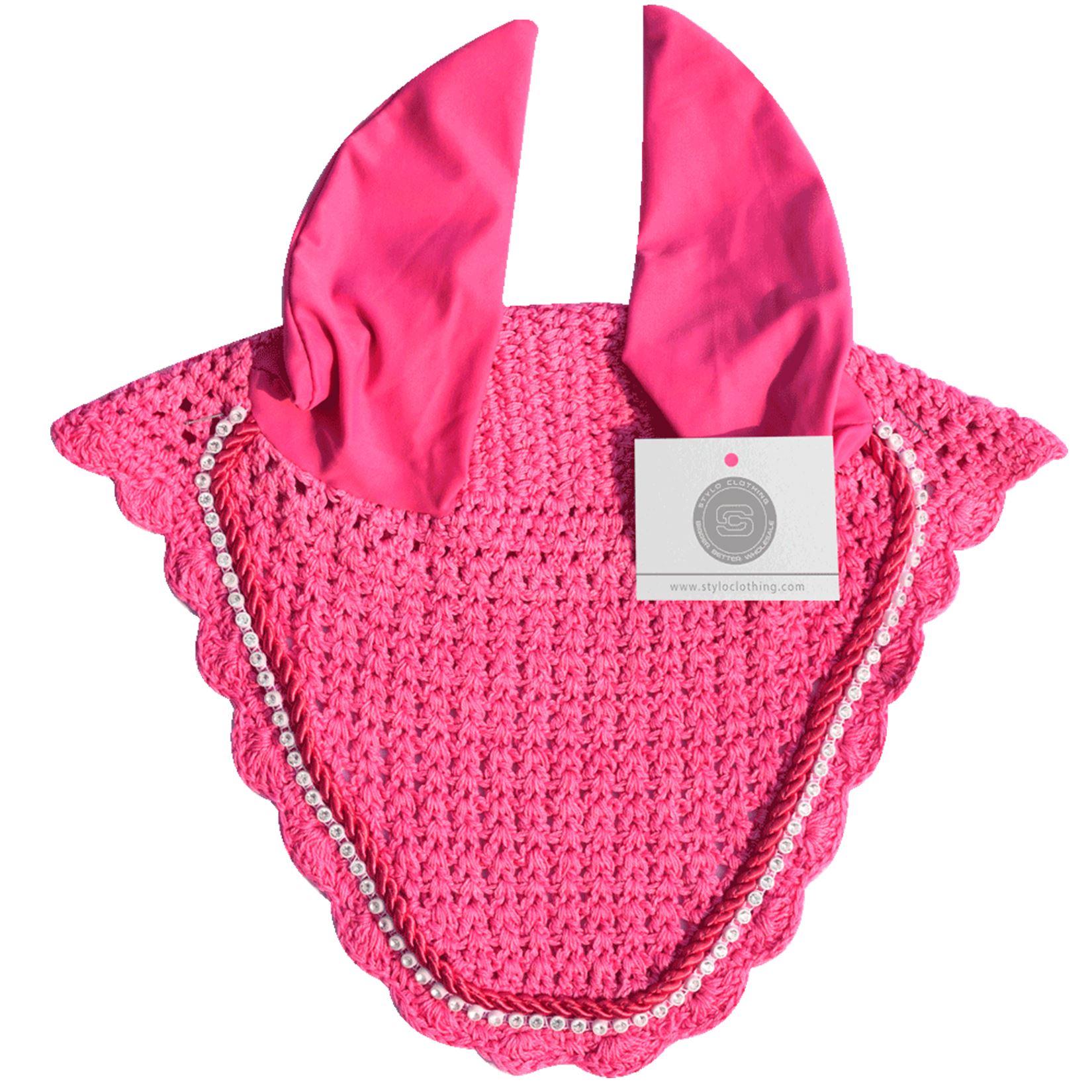 Stylish Pink Fly Veil Ear Bonnet | 100+ Luxury Options Pink fly veil ear bonnet featuring a luxury no-string design for maximum comfort