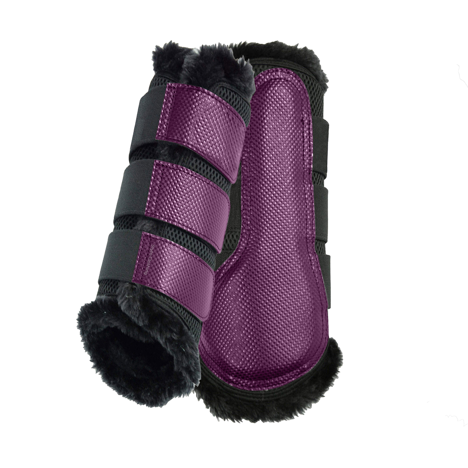 Custom Trendy Brushing Boots featuring black faux fur for superior comfort and protection, available wholesale for equestrian stores.