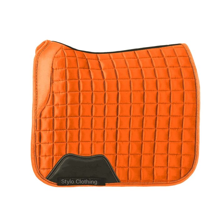 "Premium satin dressage saddle pads, customized for the perfect fit, wholesale equestrian tack from Stylo Clothing"
