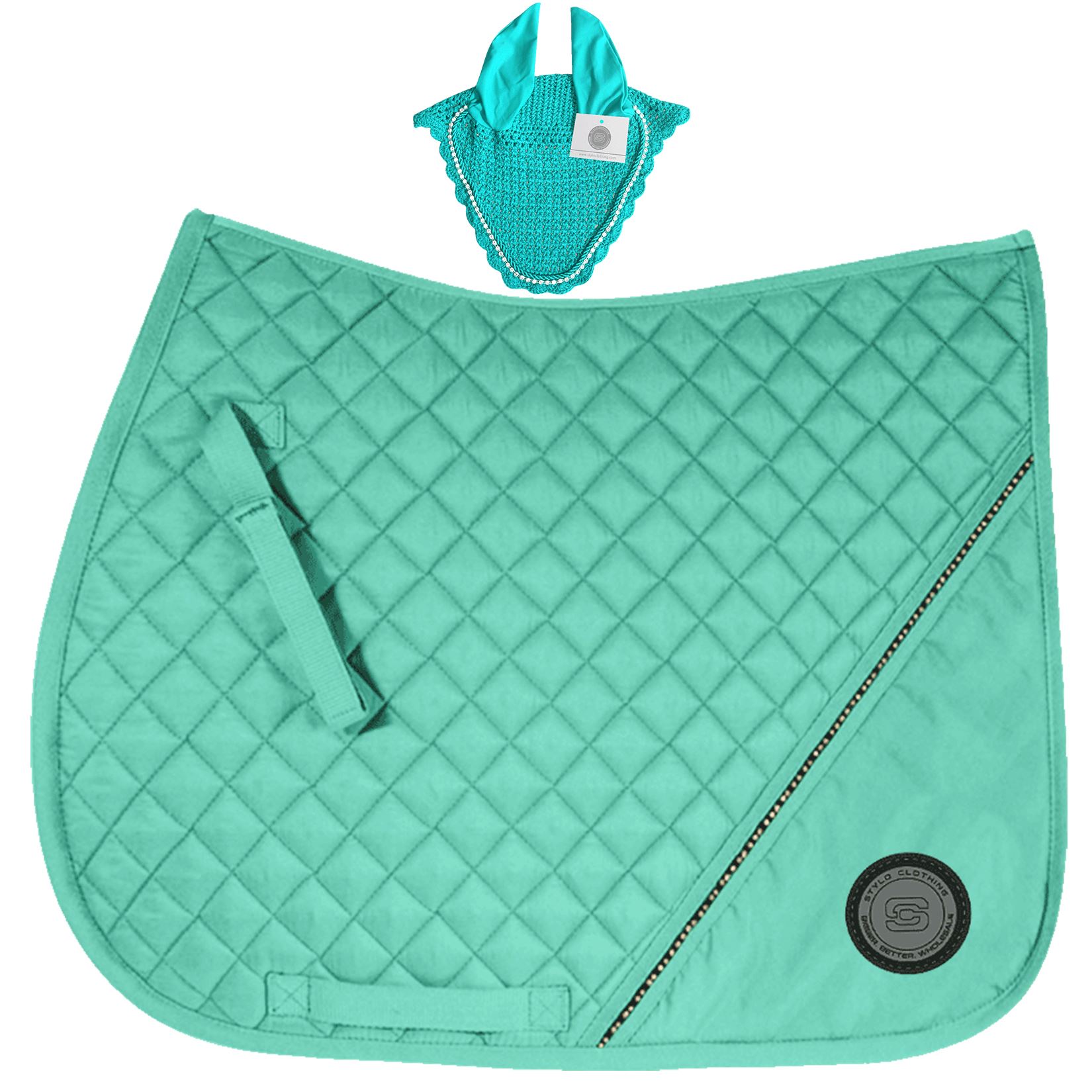 descent-Matching-Set-of-Cotton-Saddle-Pad-with-Rhinestones-and-Crystal-Cord-Fly-Bonnet-with-Crystals Wholesale Cotton Matching Sets, Set of Cotton Saddle Pad with Rhinestones and Crystal Cord Fly Bonnet with Crystals for Equestrians