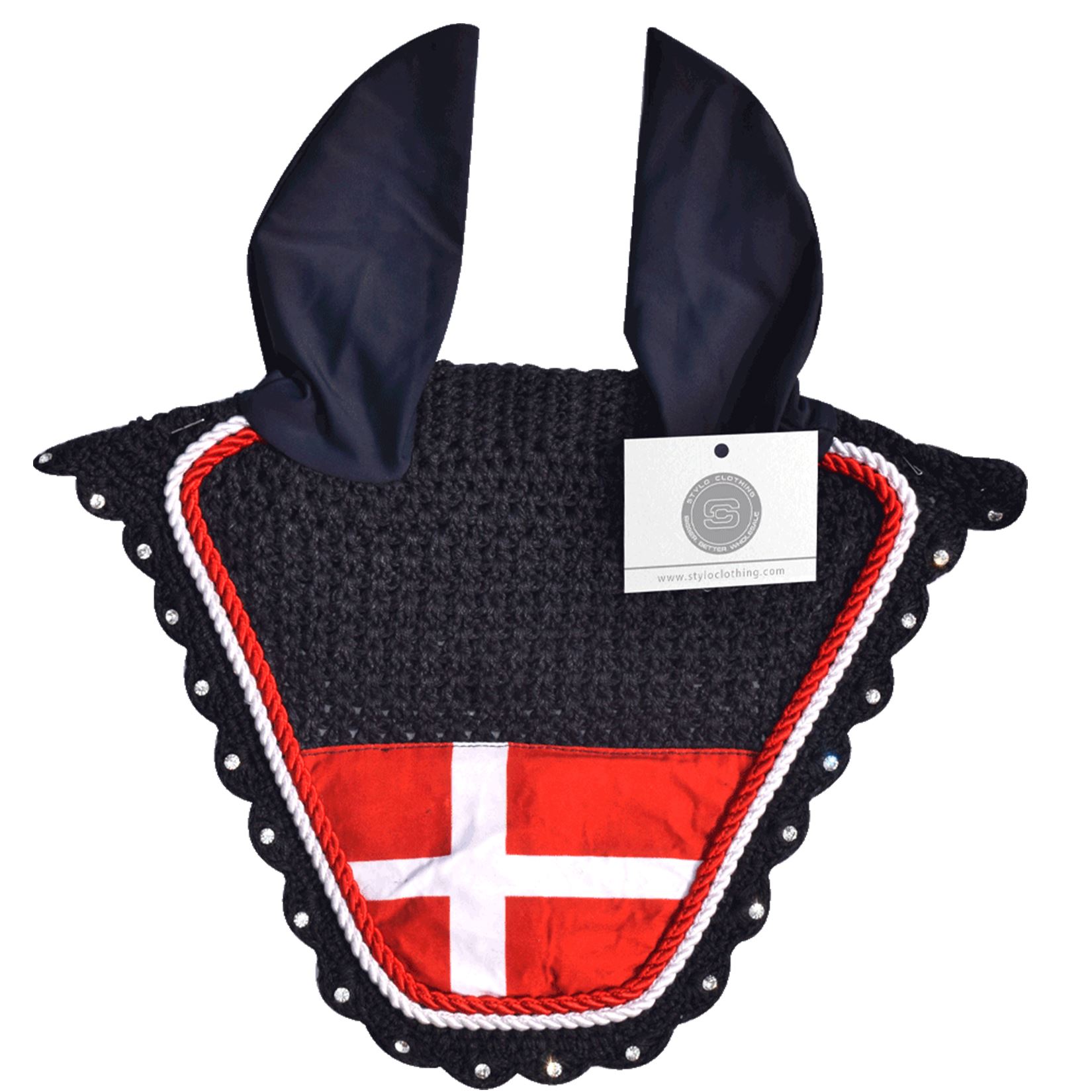 Denmark Flag Ear Bonnets | Dazzling Rhinestone Country Flag Ear Bonnets - 100+ Designs Dazzling Rhinestone Country Flag Ear Bonnets - 100+ Designs