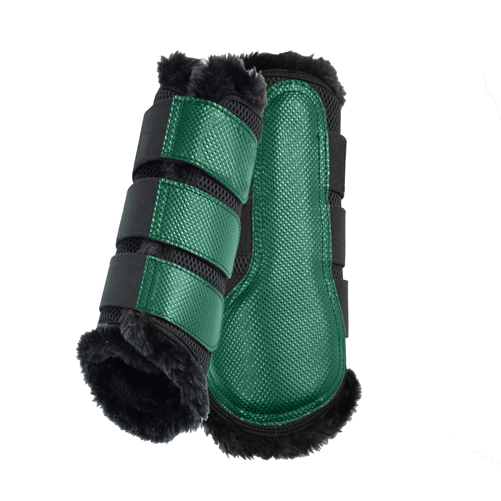 Trendy Brushing Boots with black faux fur for equestrian leg protection, custom-made for riding by Stylo Clothing wholesale.
