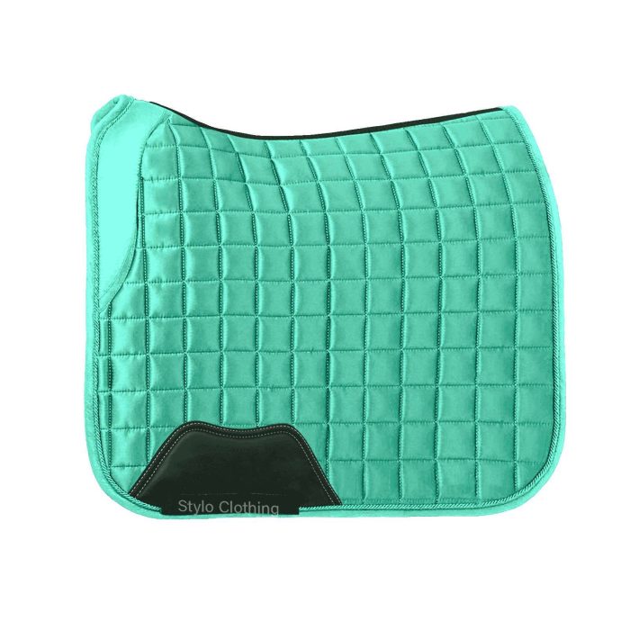"Dressage horse saddle pads with satin finish, tailored for superior comfort, available in bulk from Stylo Clothing"