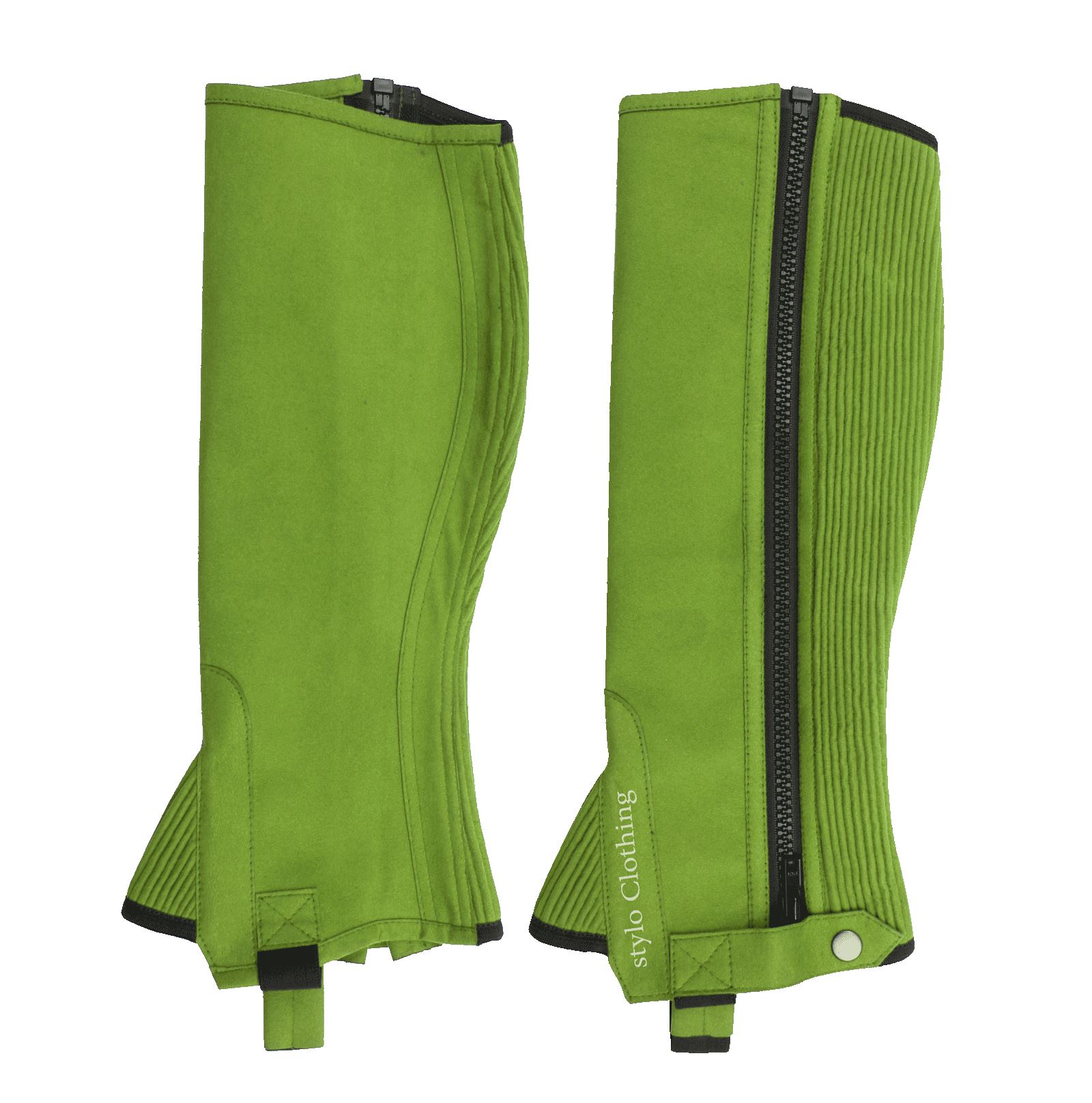 "Premium best fit half chap with zipper closure and non-slip button for riding comfort, Stylo Clothing wholesaler"