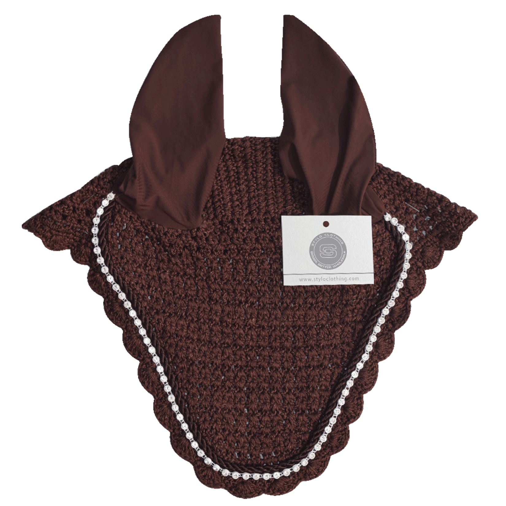 Classic Brown Best Ear Bonnet with Rhinestones – No String Design Brown ear bonnet with rhinestones and no-string design, providing comfort for horses