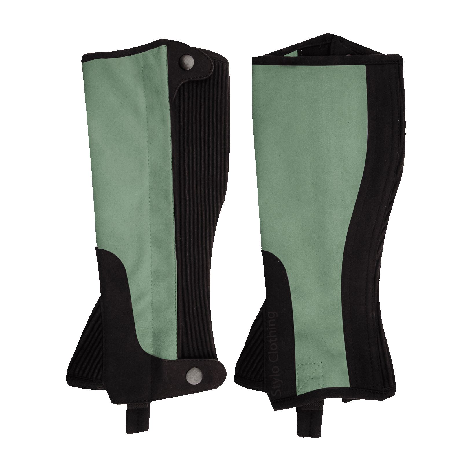 Wholesale durable leather half chaps in Amara material for leg safety, featuring secure zipper and non slip adjustable button, manufactured by Stylo Clothing