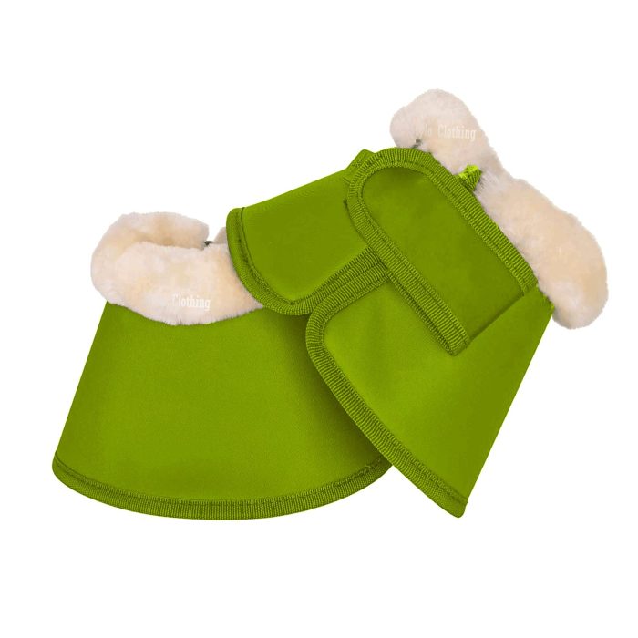 Customizable faux fur bell boots with a durable PU top, ideal for wholesale equestrian tack and accessories.