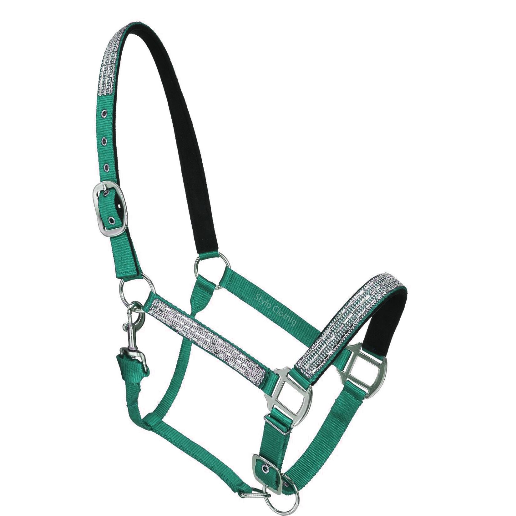 Custom crystal-loaded horse show halter, a stunning addition to premium horse riding equipment for wholesale buyers.