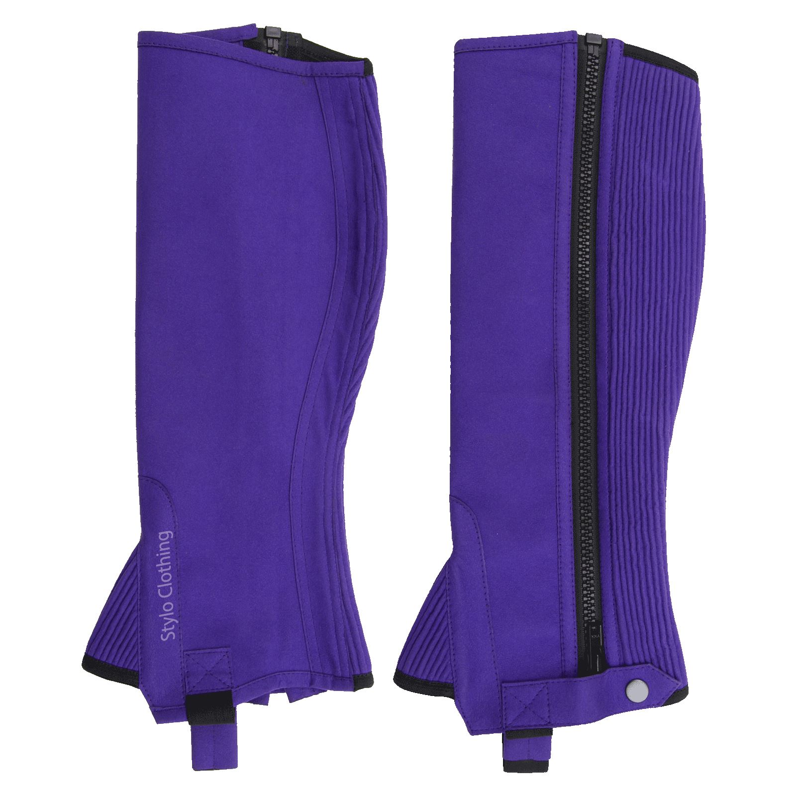 "Durable best fit half chap with secure zipper and non-slip button, perfect for stable riding, wholesale from Stylo Clothing"