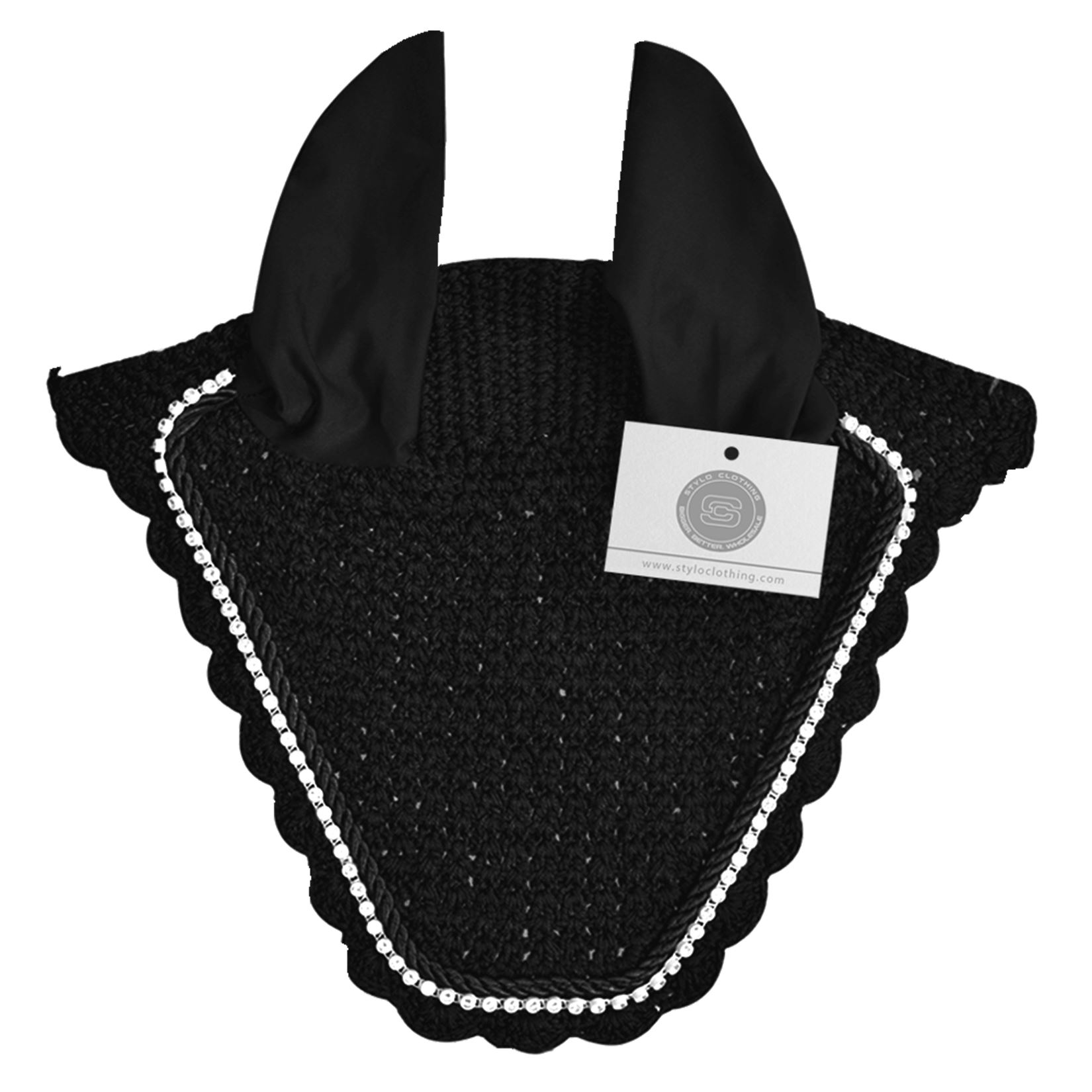 Elegant Black Best Ear Bonnet with Rhinestone Embellishments - 100+ Styles Elegant black best ear bonnet with rhinestones and no-string design for a secure fit