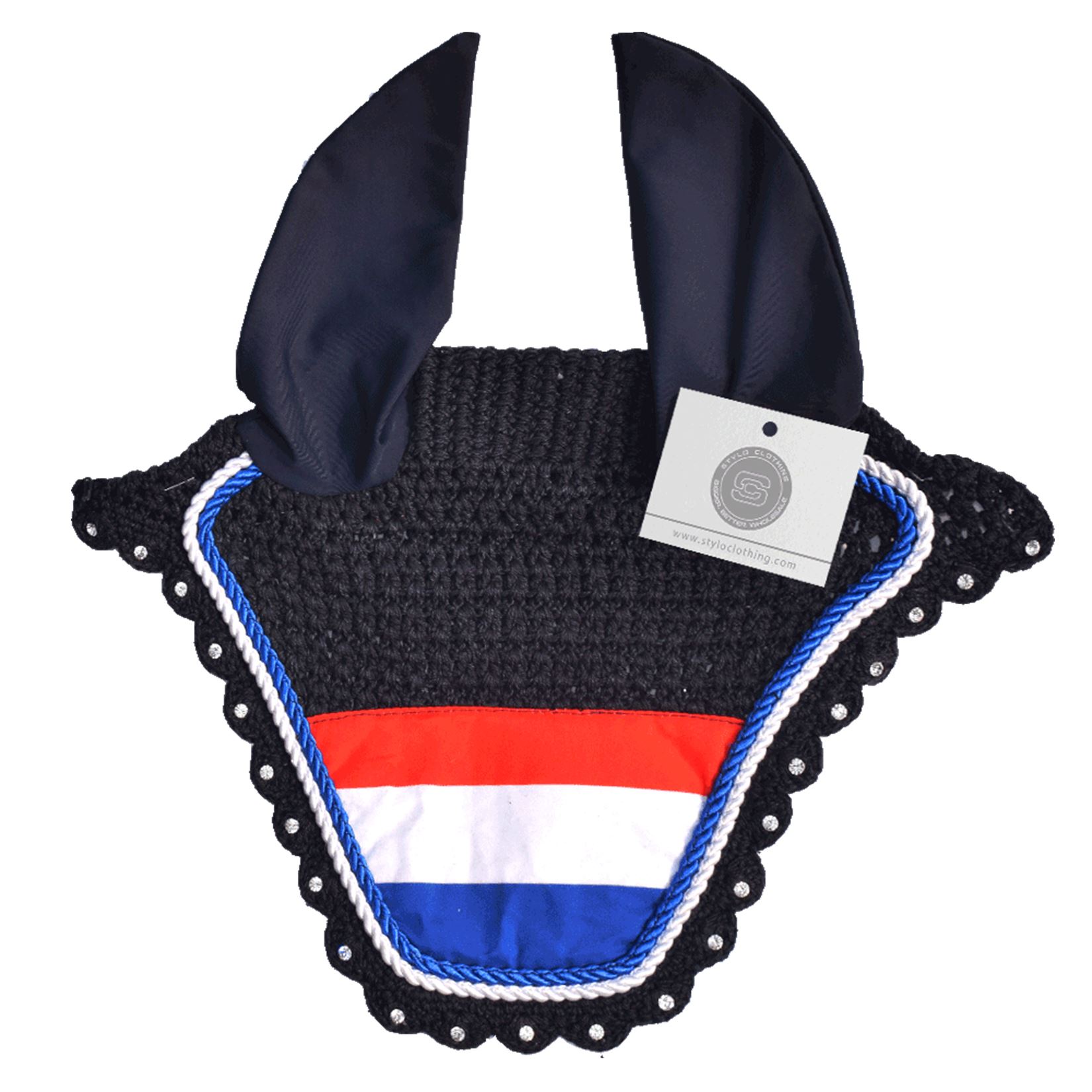 Netherlands Flag Ear Bonnets | Dazzling Rhinestone Country Flag Ear Bonnets - 100+ Designs Netherlands flag ear bonnet embellished with rhinestones – stylish anti-fly veil