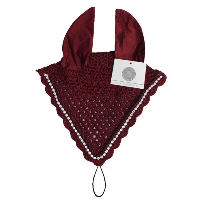 Maroon fly veil ear bonnet designed for a sophisticated equestrian look