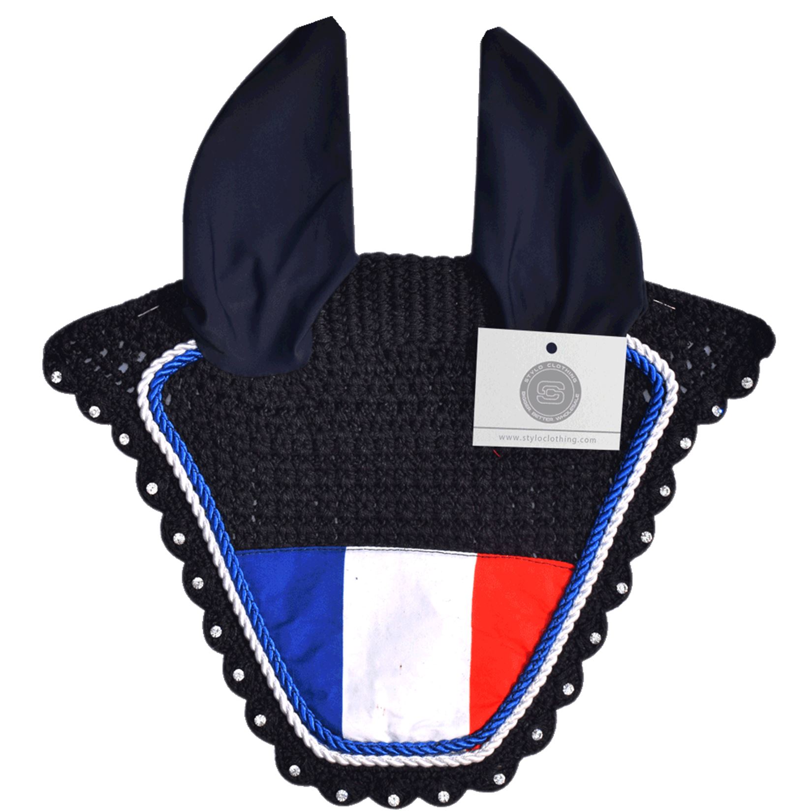 France Flag Ear Bonnets | Dazzling Rhinestone Country Flag Ear Bonnets - 100+ Designs French flag ear bonnet with sparkling rhinestones – elegant fly protection for equestrians