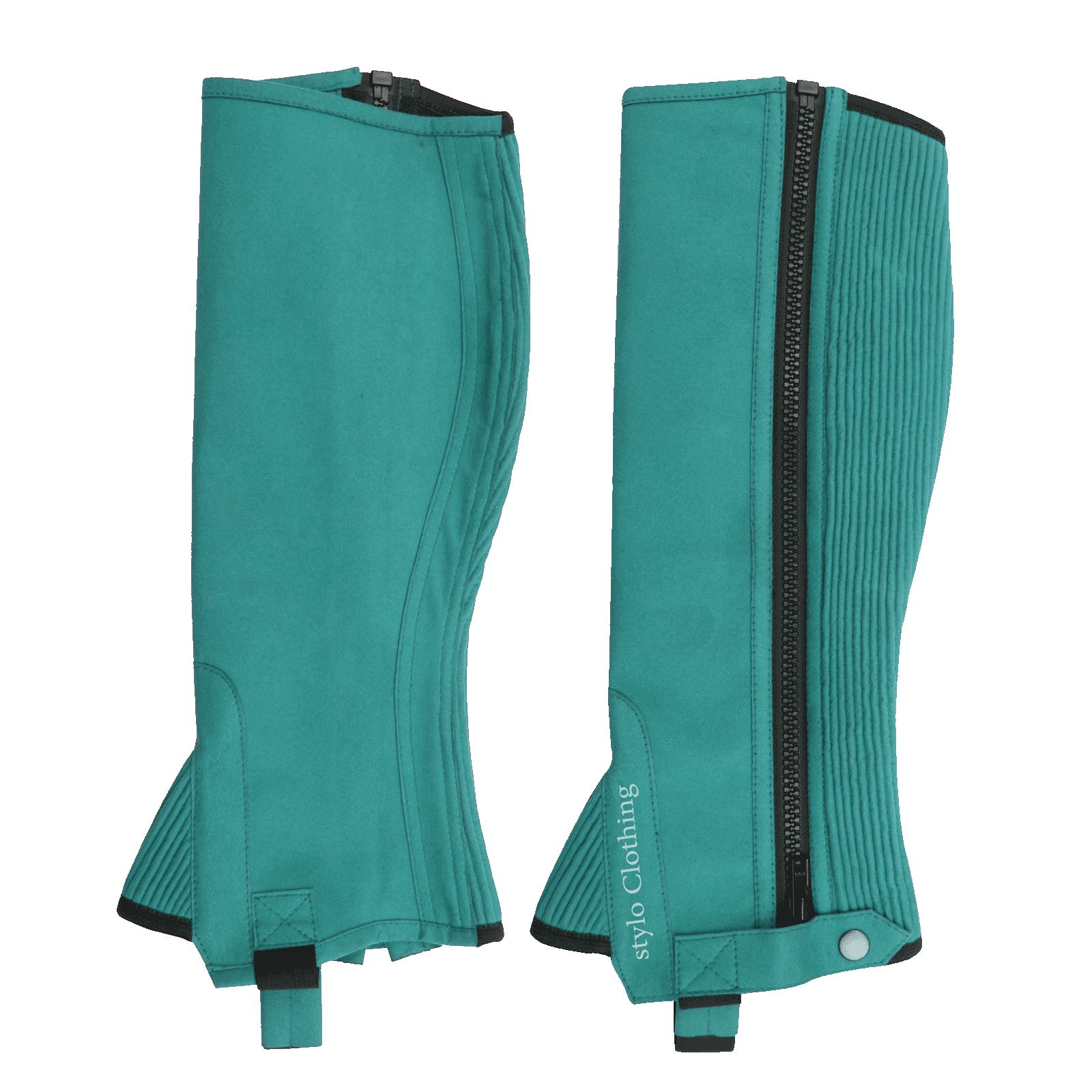 Exclusive-half-chap-Amara-suede-zipper-with-button-wholesale-equine-accessories "Buy top-quality leather half chap with zipper and non-slip button, ideal for secure riding, from Stylo Clothing"