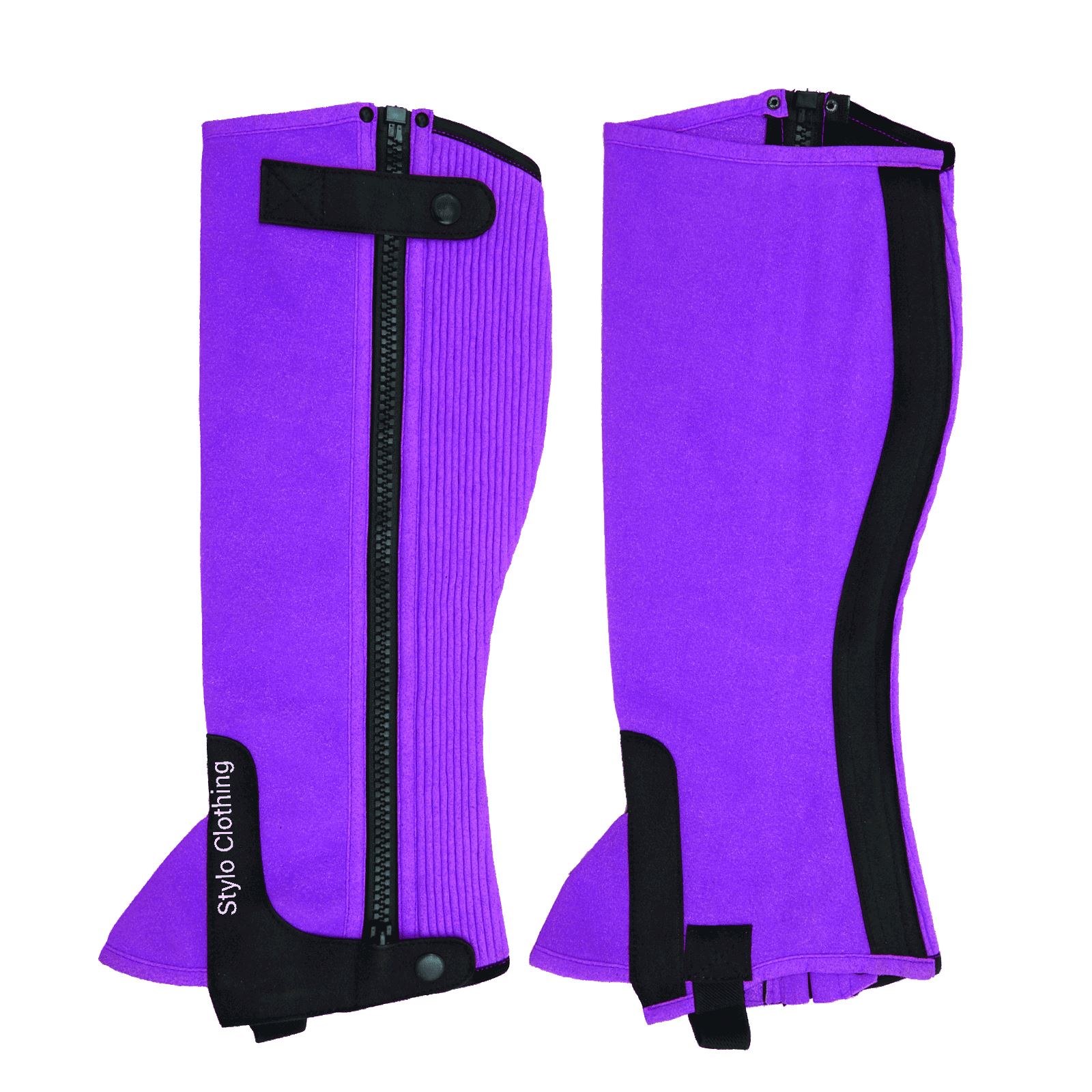 purple-Amara-chaps-for-leg-protection-boots-with-zipper-functionality-horse-tack "Top rider gear Amara suede zipper half chaps, adjustable and non-slip, ideal for equestrian use, available from Stylo Clothing"