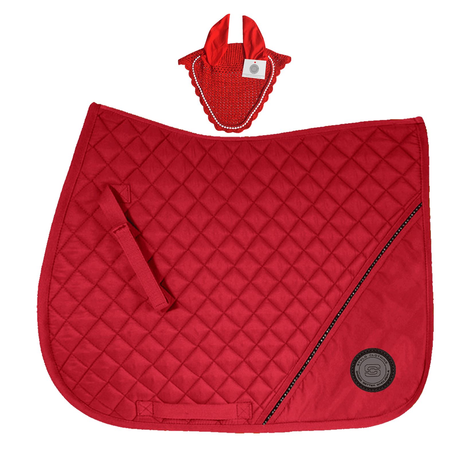 red-Matching-Set-of-Cotton-Saddle-Pad-with-Rhinestones-and-Crystal-Cord-Fly-Bonnet-with-Crystals Best Quality Cotton Matching Sets in Wholesale, Cotton Saddle Pad with Rhinestones and Crystal Cord Fly Bonnet with Crystals