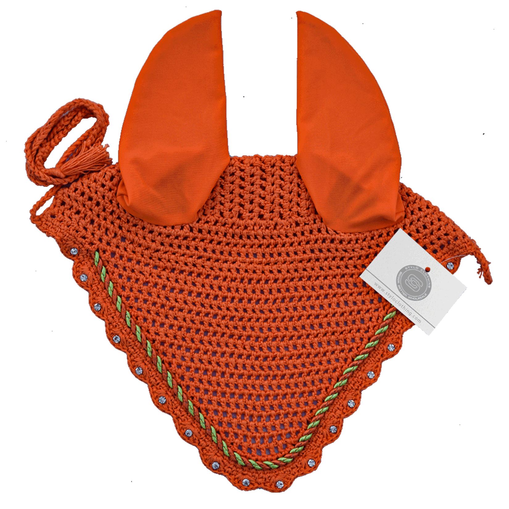 Fire red breathable ear bonnet with rhinestone details, crafted by Stylo Clothing