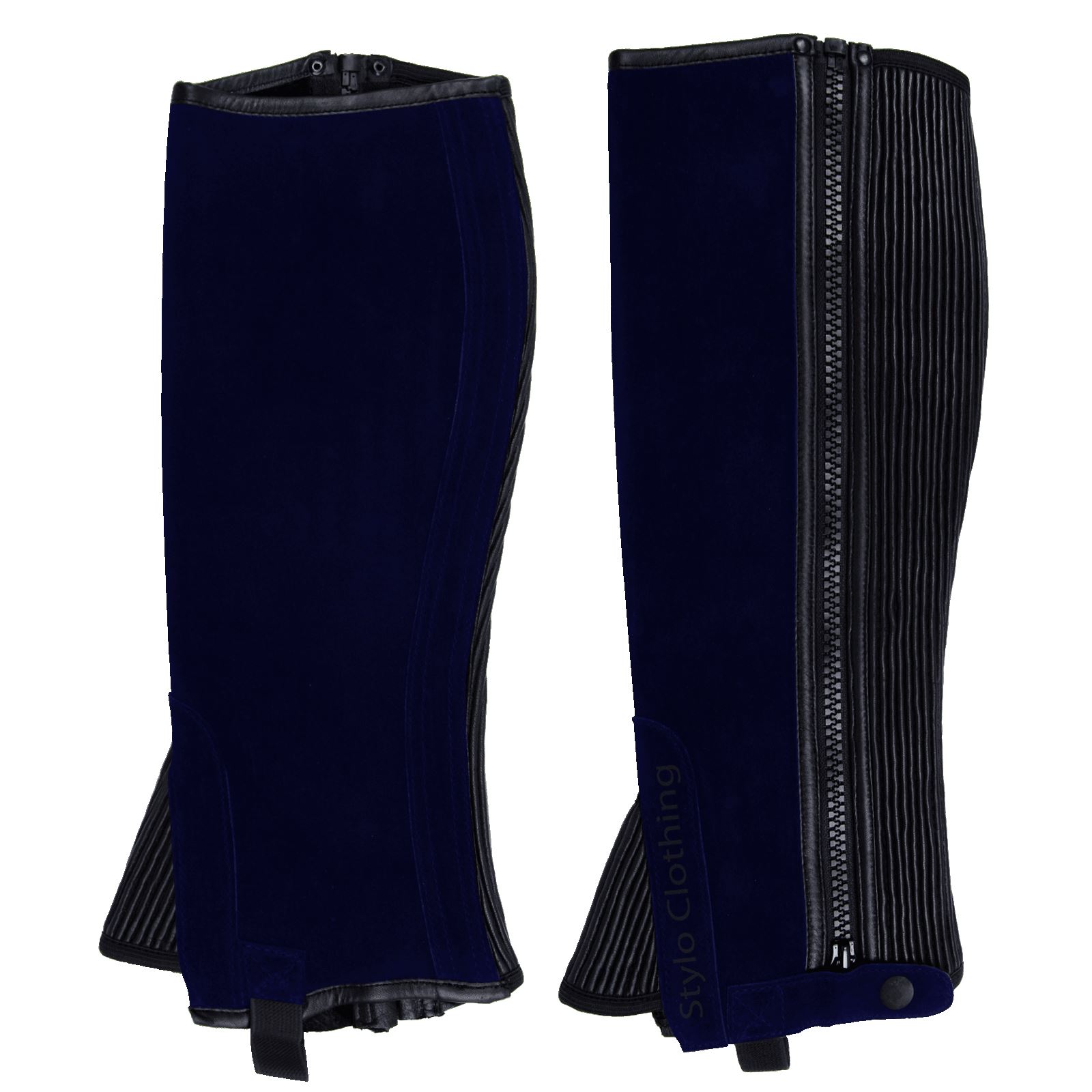 "Trendy Nubuck half chaps with faux leather trim, perfect for stylish equestrian wear, by Stylo Clothing"
